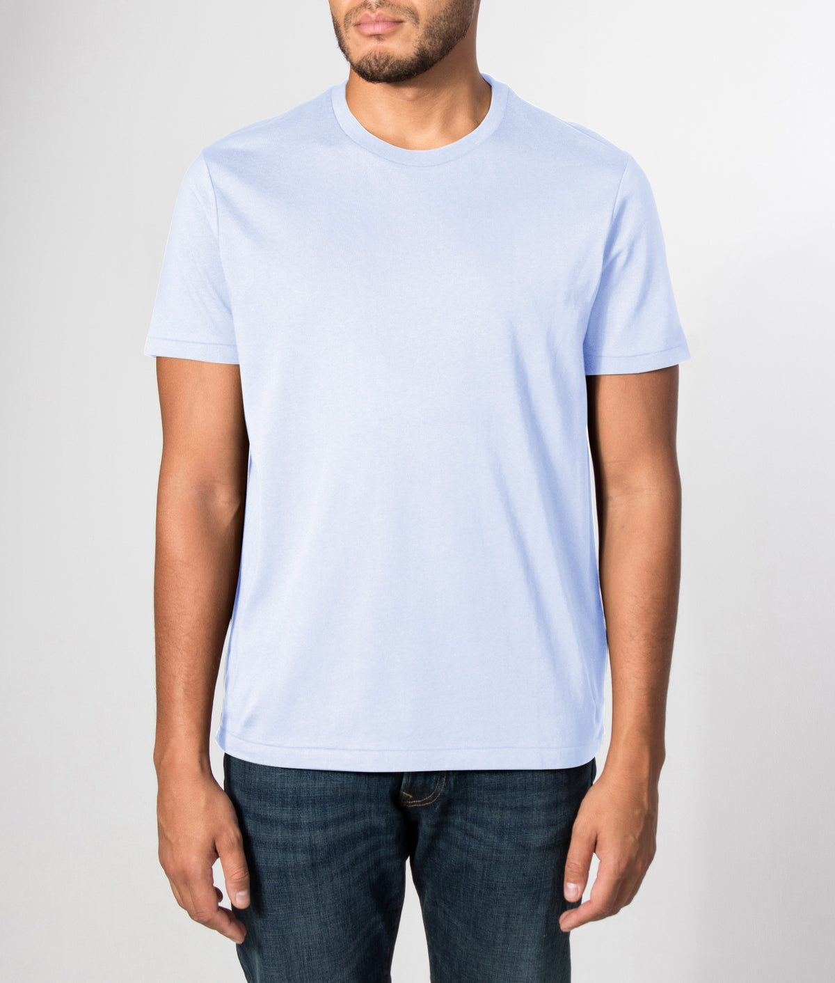Polo Ralph Lauren Custom Slim Fit Jersey T-Shirt in Pebble Blue at EQVVS Menswear. Front model shot.