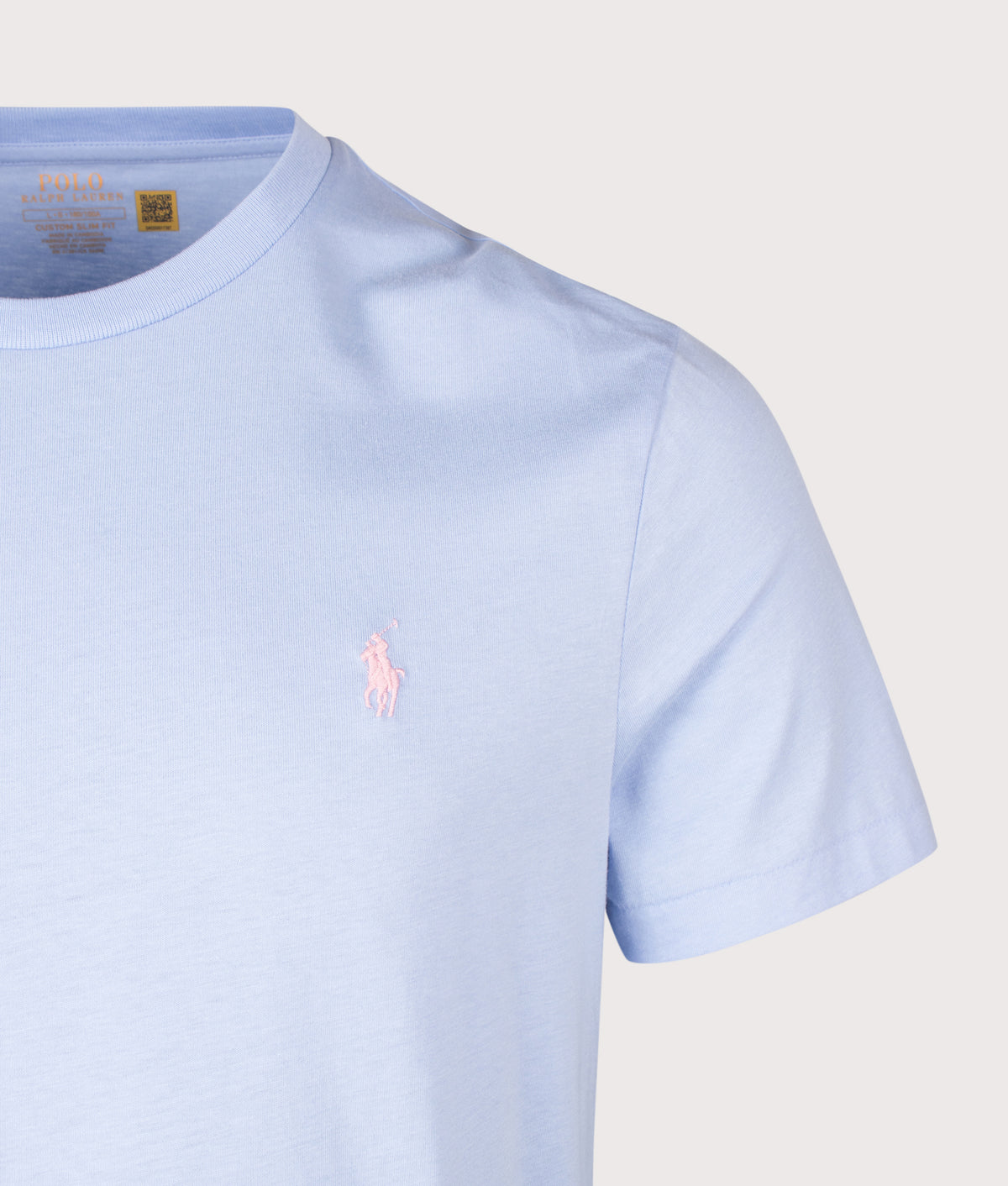 Polo Ralph Lauren Custom Slim Fit Jersey T-Shirt in Pebble Blue at EQVVS Menswear. Detail shot.