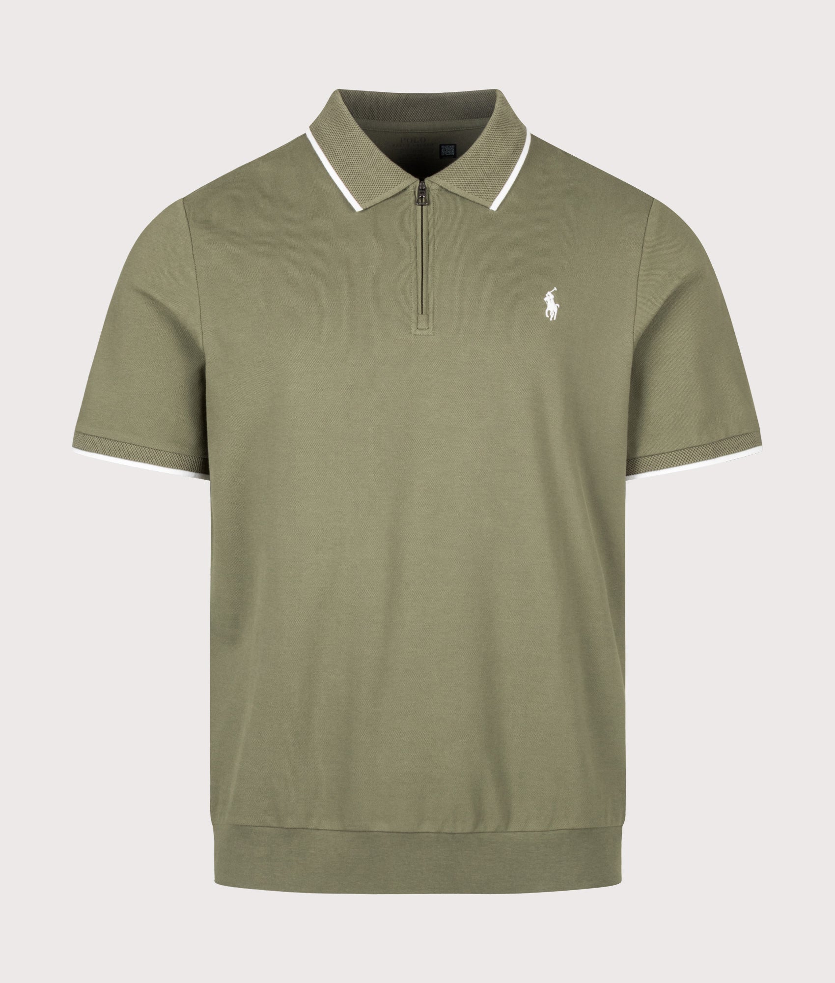 Polo Ralph Lauren Classic Fit Stretch Mesh Zip Polo Shirt in Cruise Olive at EQVVS Menswear. Front shot.