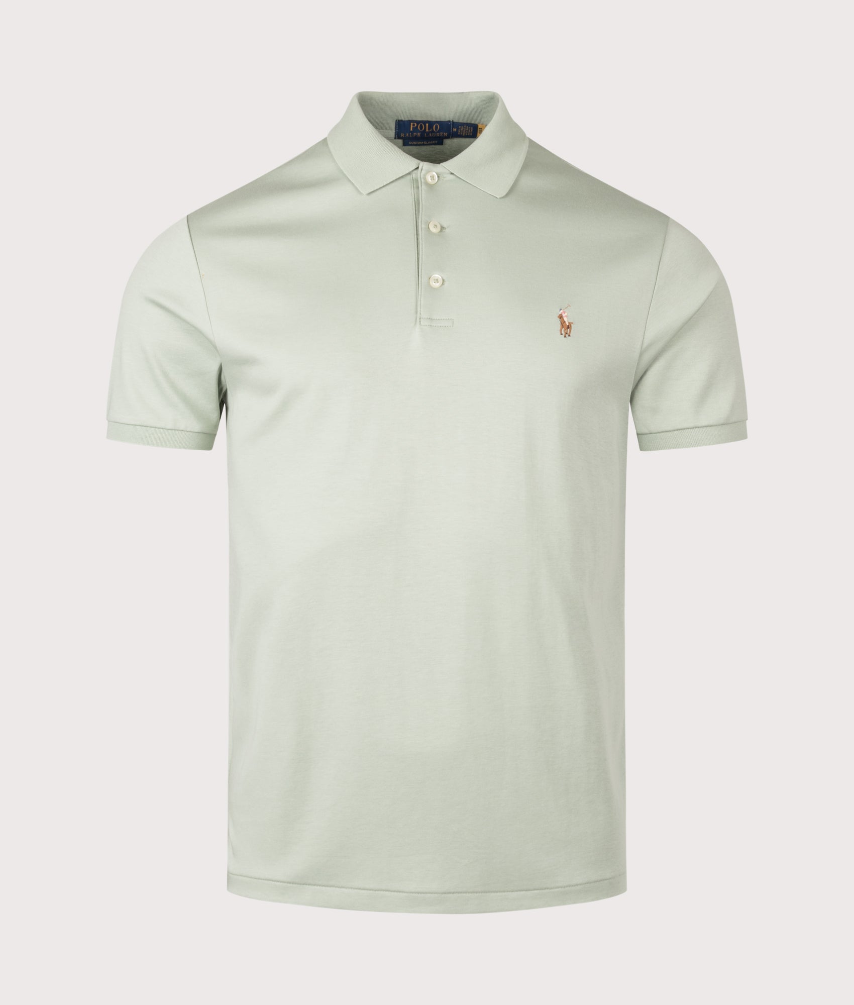 Polo Ralph Lauren Custom Slim Fit Soft Cotton Polo Shirt in Light Green at EQVVS Menswear. Front shot. 