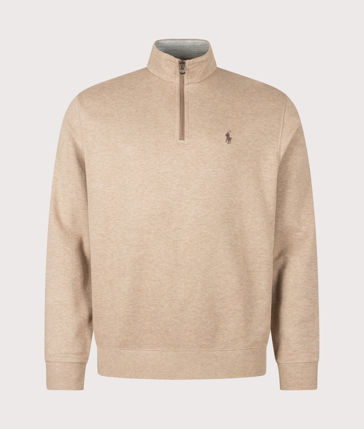 Polo Ralph Lauren Quarter Zip Sweatshirt in Warm Brown Heather at EQVVS Menswear. Front shot.