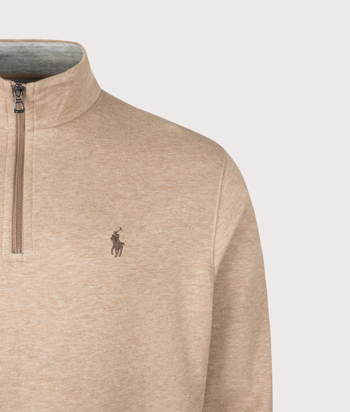 Polo Ralph Lauren Quarter Zip Sweatshirt in Warm Brown Heather at EQVVS Menswear. Detail shot.