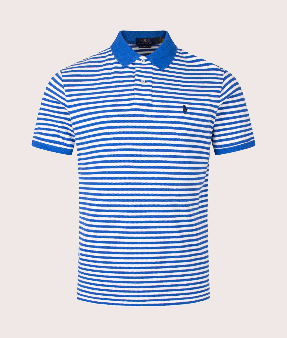 Polo Ralph Lauren Custom Slim Fit Striped Mesh Polo Shirt in New Iris Blue and White at EQVVS Menswear. Front shot.
