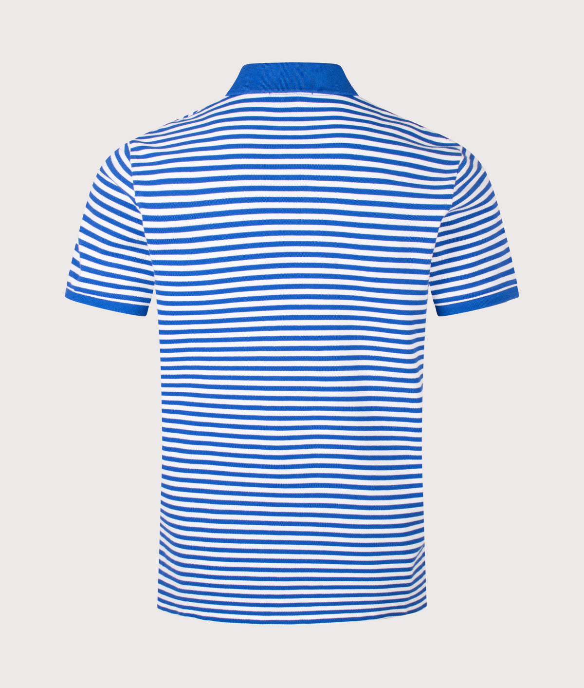 Polo Ralph Lauren Custom Slim Fit Striped Mesh Polo Shirt in New Iris Blue and White at EQVVS Menswear. Back shot.