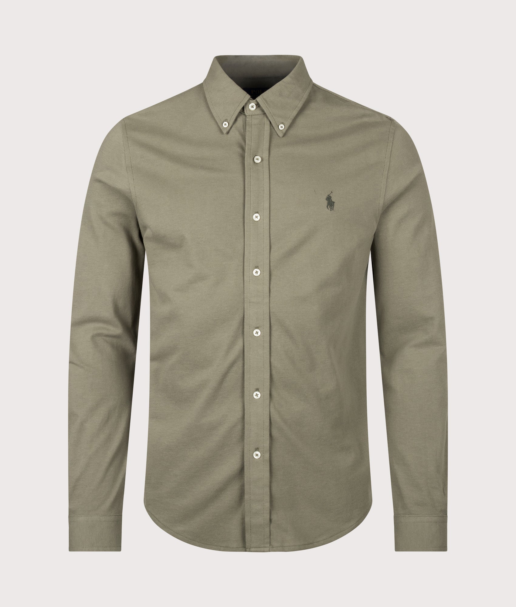 Polo Ralph Lauren Relaxed Fit Featherweight Mesh Shirt in Cruise Olive at EQVVS Menswear. Front shot.