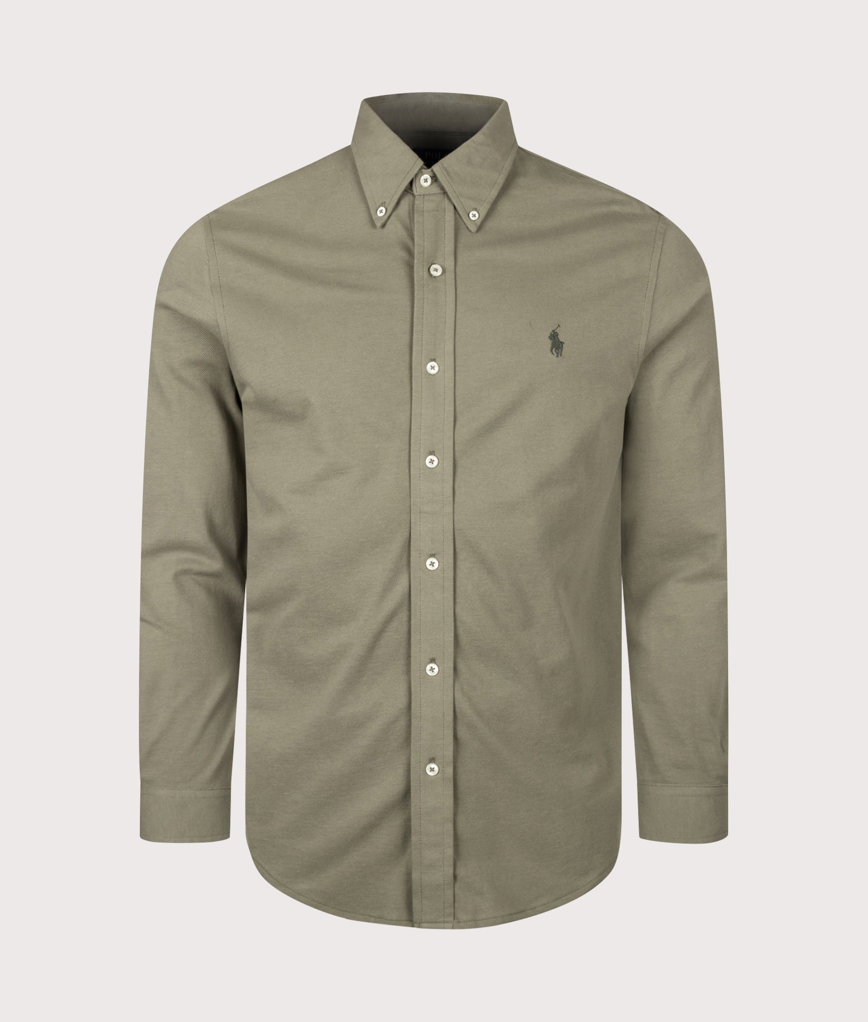 Polo Ralph Lauren Relaxed Fit Featherweight Mesh Shirt in Cruise Olive at EQVVS Menswear. Front shot.