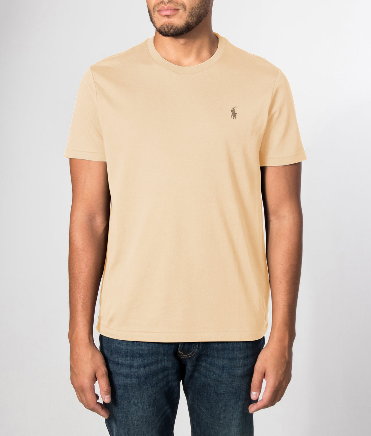 Polo Ralph Lauren Custom Slim Fit Jersey T-Shirt in Vintage Khaki at EQVVS Menswear. Front model shot.