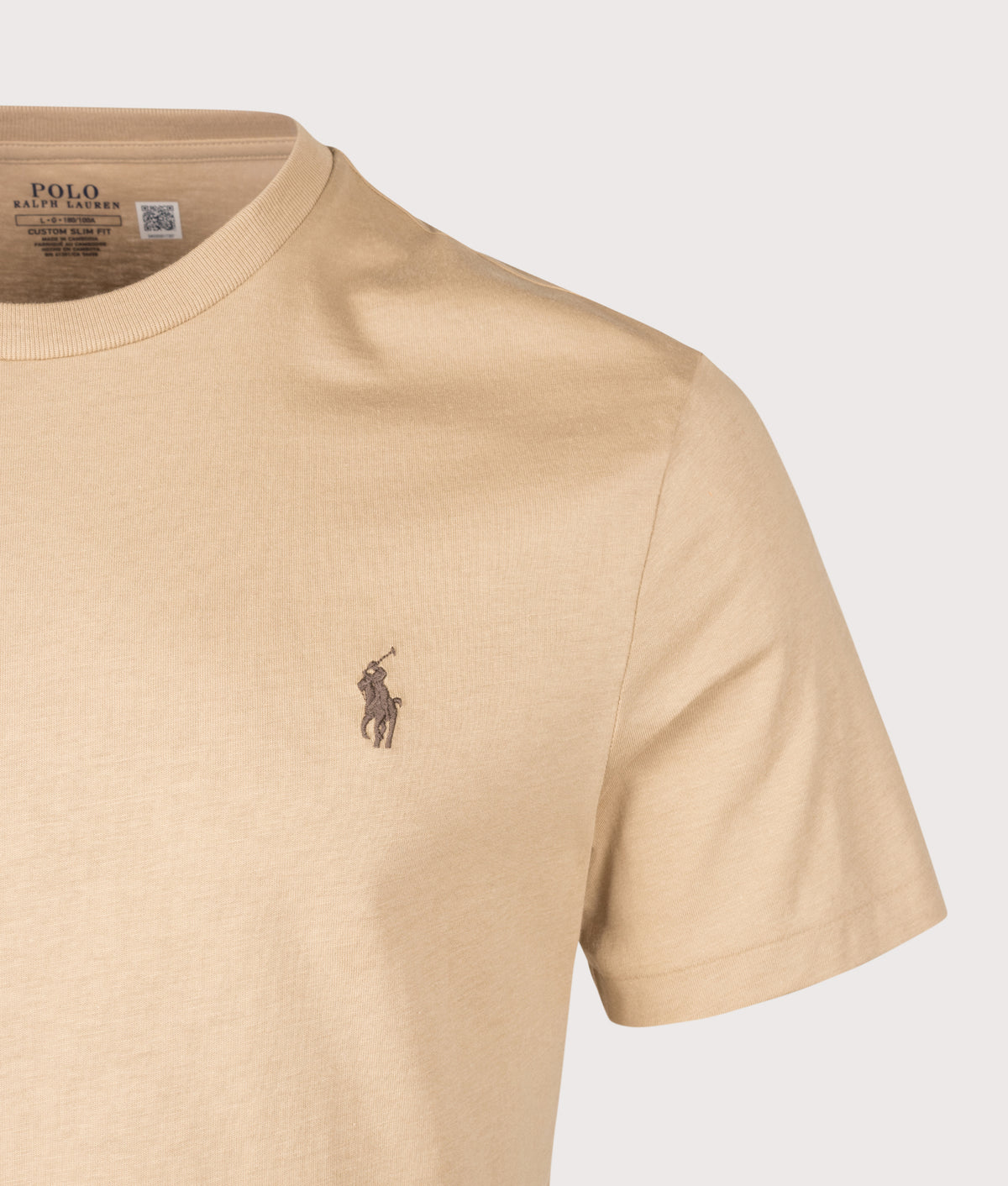 Polo Ralph Lauren Custom Slim Fit Jersey T-Shirt in Vintage Khaki at EQVVS Menswear. Detail shot.
