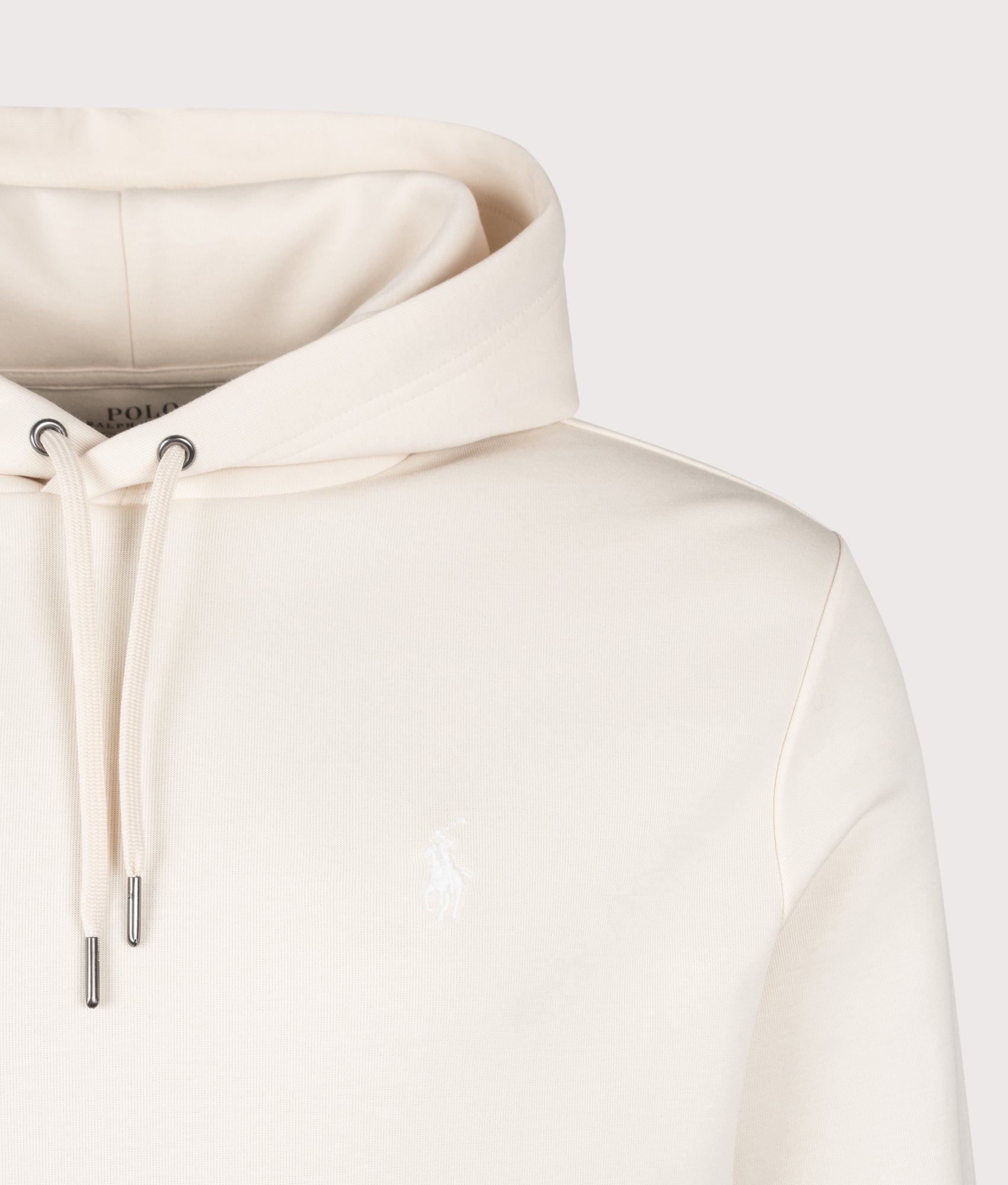 Polo Ralph Lauren Double Knit Hoodie in Guide Cream at EQVVS Menswear. Detail shot.