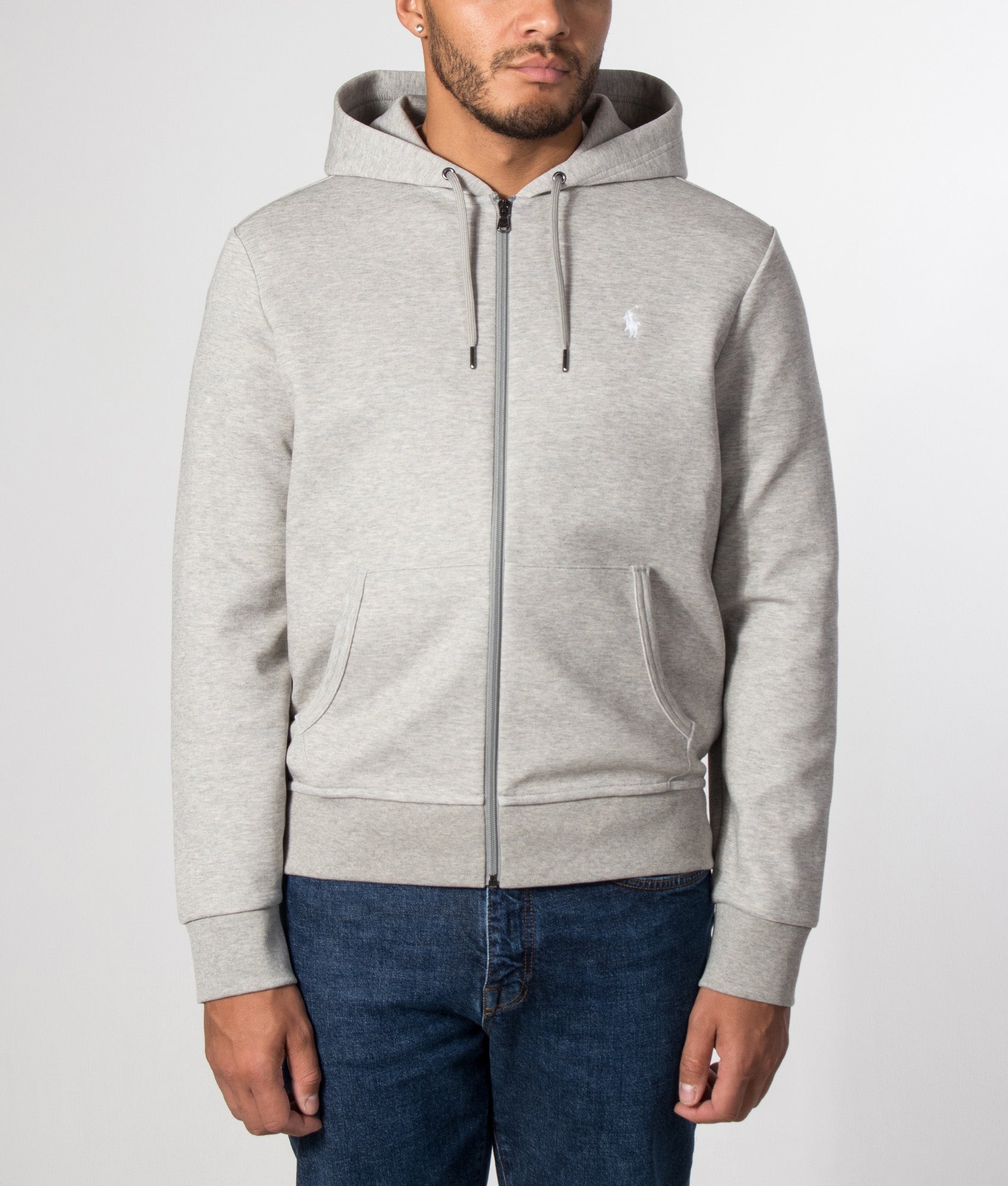 Polo Ralph Lauren Zip Through Double Knit Hoodie in Dark Sport Heather at EQVVS Menswear. Model front shot.