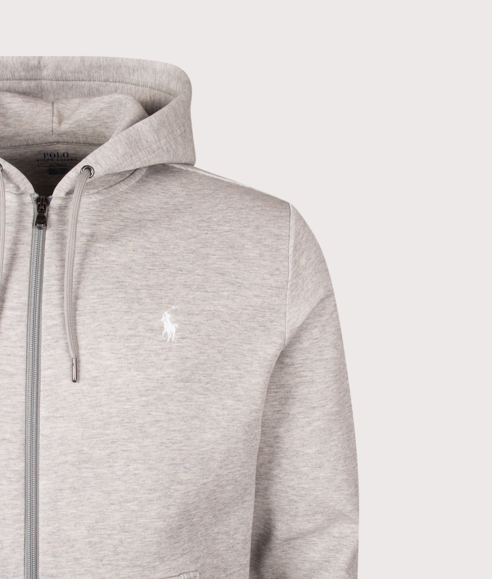 Polo Ralph Lauren Zip Through Double Knit Hoodie in Dark Sport Heather at EQVVS Menswear. Detail shot.