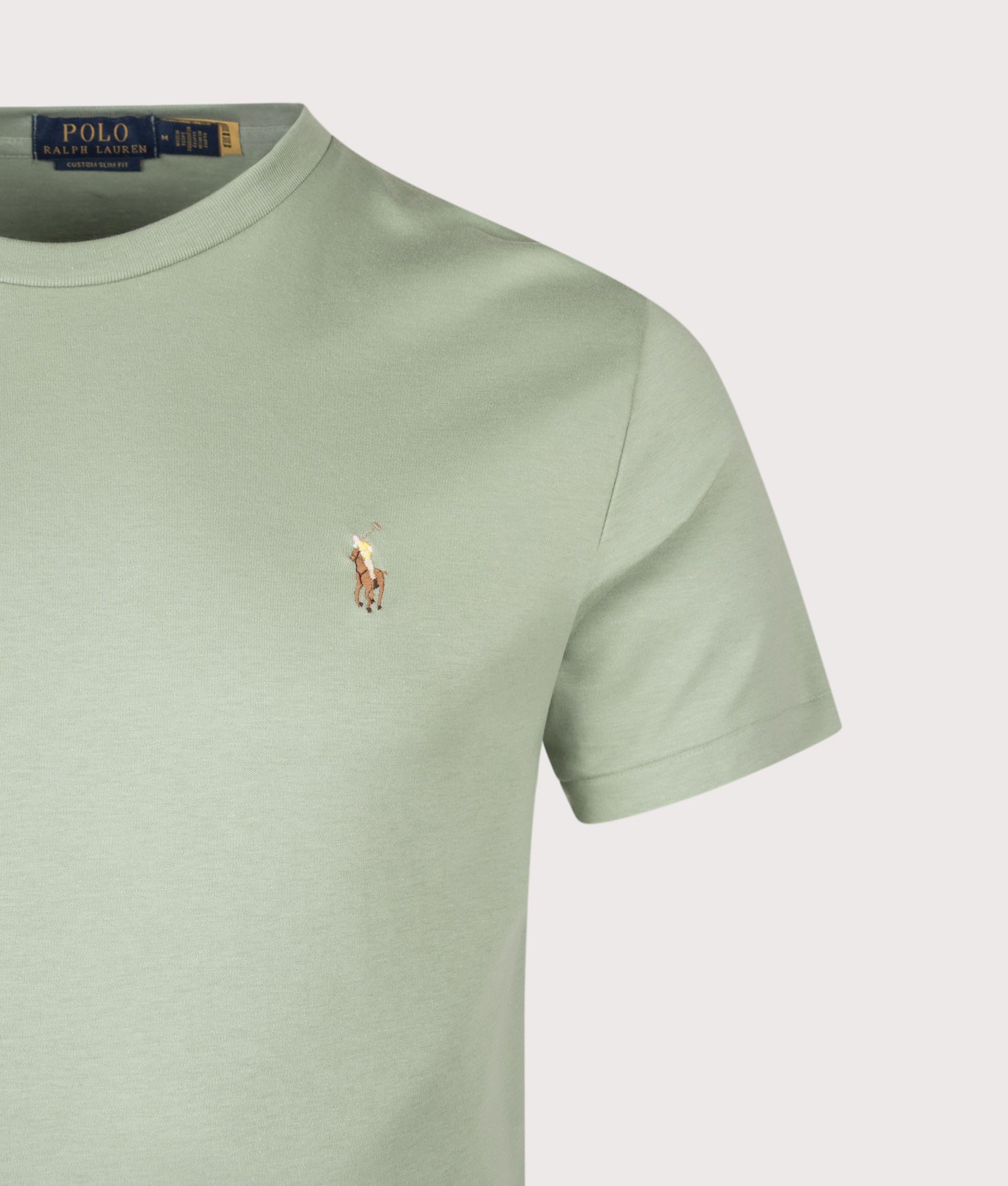 Polo Ralph Lauren Custom Slim Fit Pima T-Shirt in Light Green at EQVVS Menswear. Detail shot.