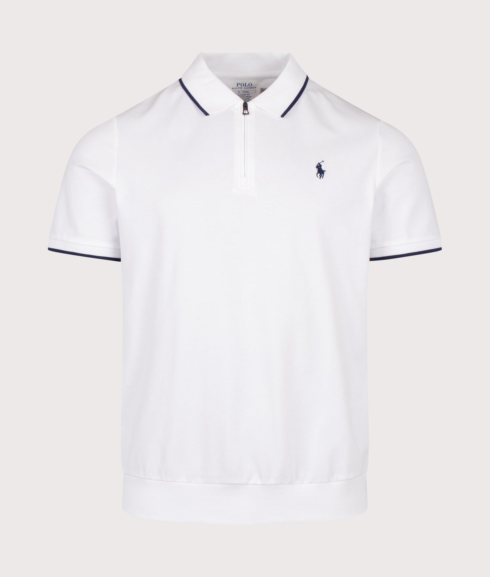 Polo Ralph Lauren Classic Fit Stretch Mesh Zip Polo Shirt in White at EQVVS Menswear. Front shot.