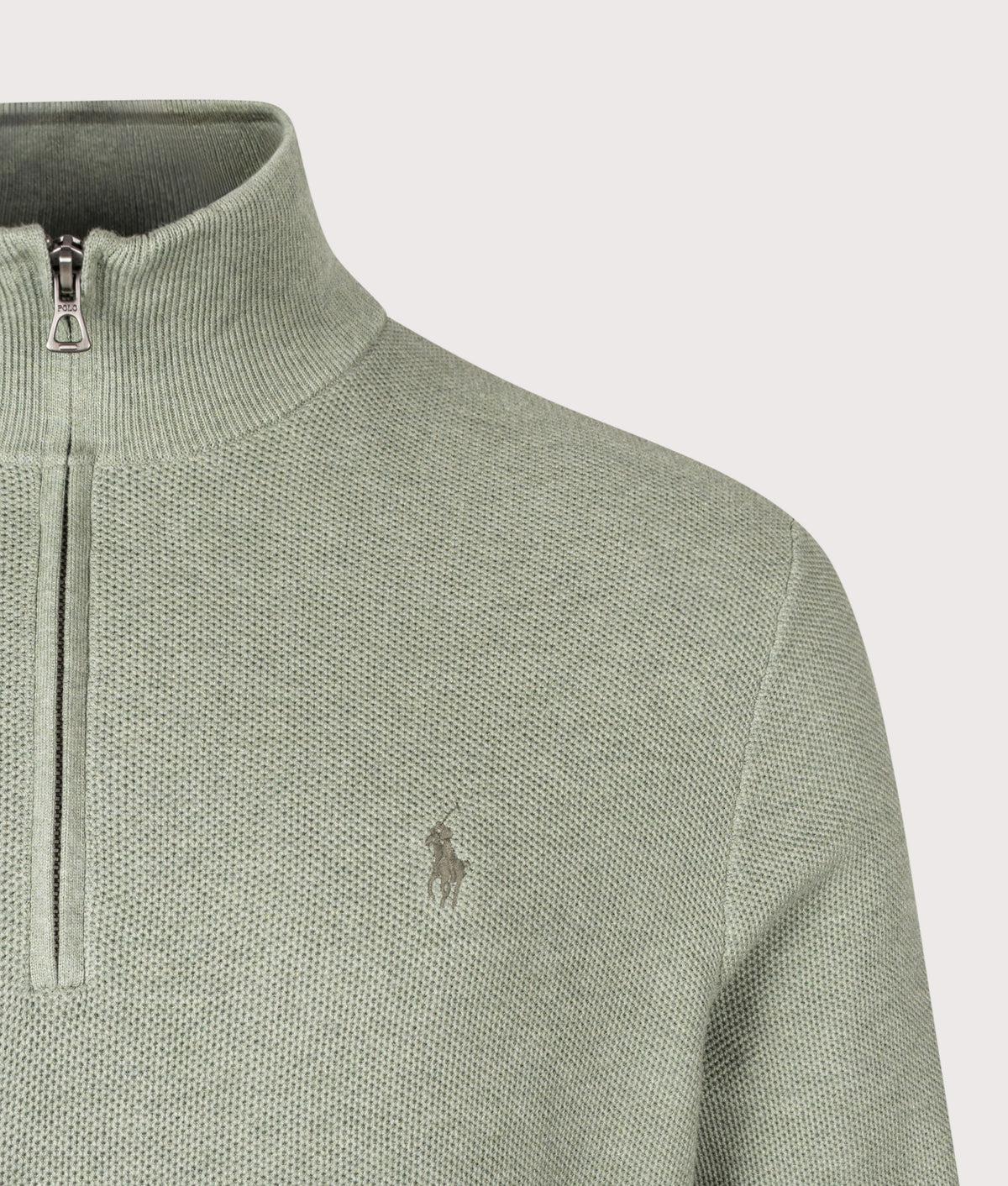 Polo Ralph Lauren Regular Fit Quarter Zip Cotton Mesh Knitted Jumper in Fern Green Heather at EQVVS Menswear. Detail shot.
