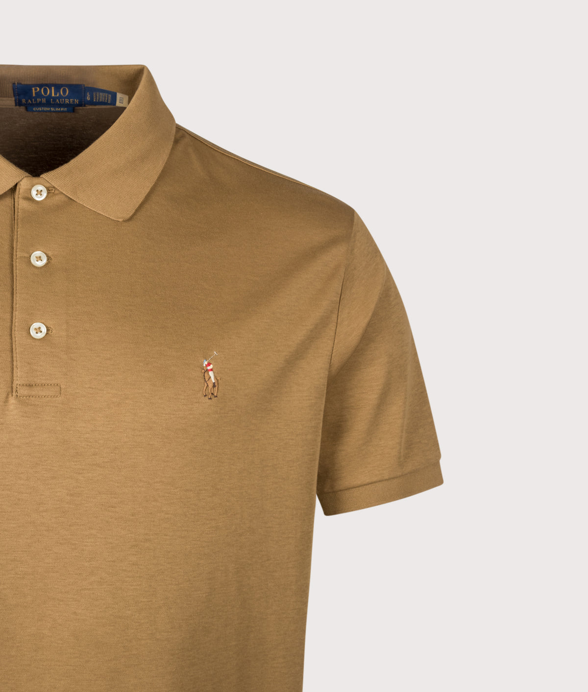 Polo Ralph Lauren Custom Slim Fit Soft Cotton Polo Shirt in Cafe Brown at EQVVS Menswear. Detail shot.