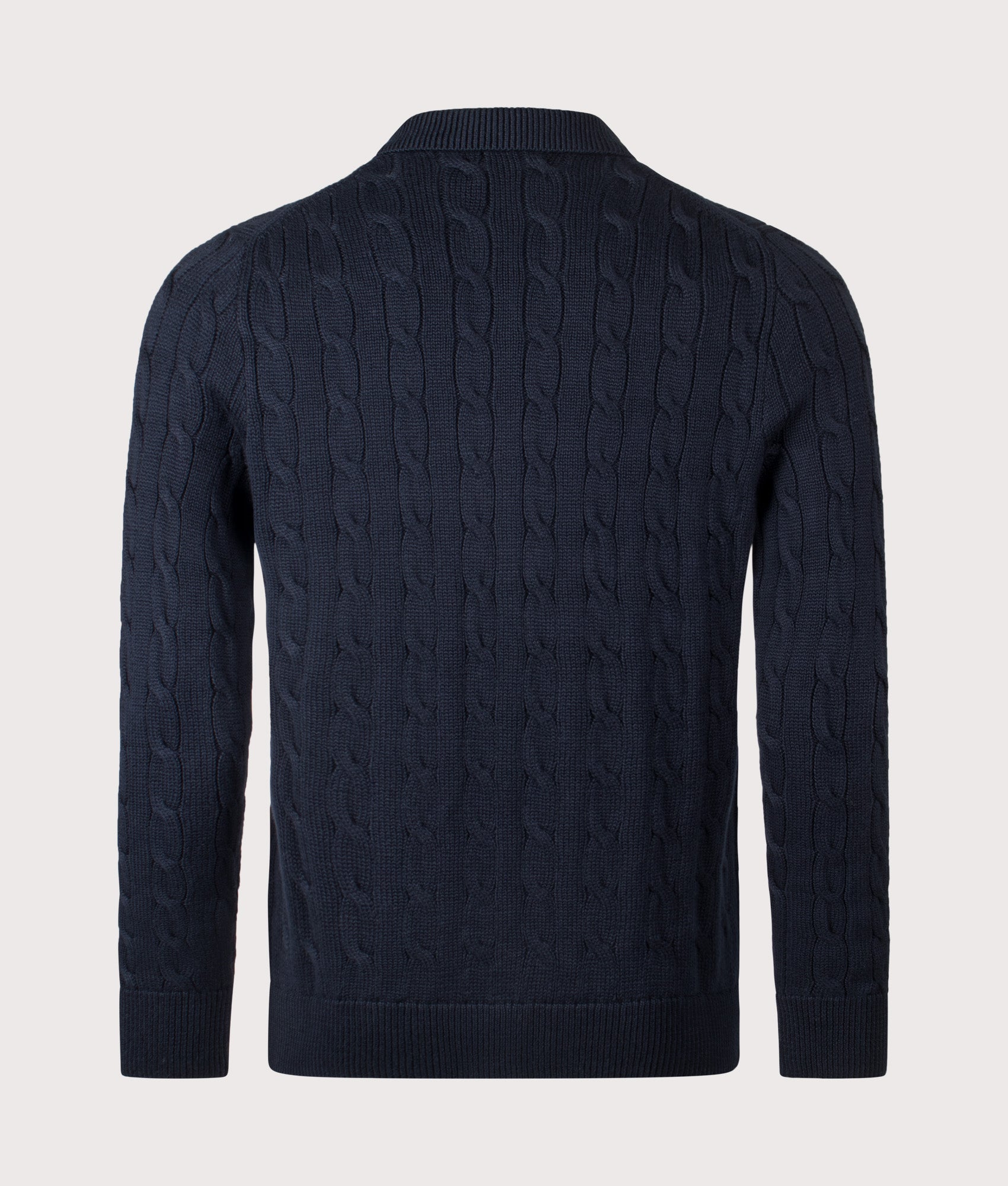 Polo Ralph Lauren Cable-Knit Cotton Cardigan in Hunter Navy at EQVVS Menswear. Back shot.