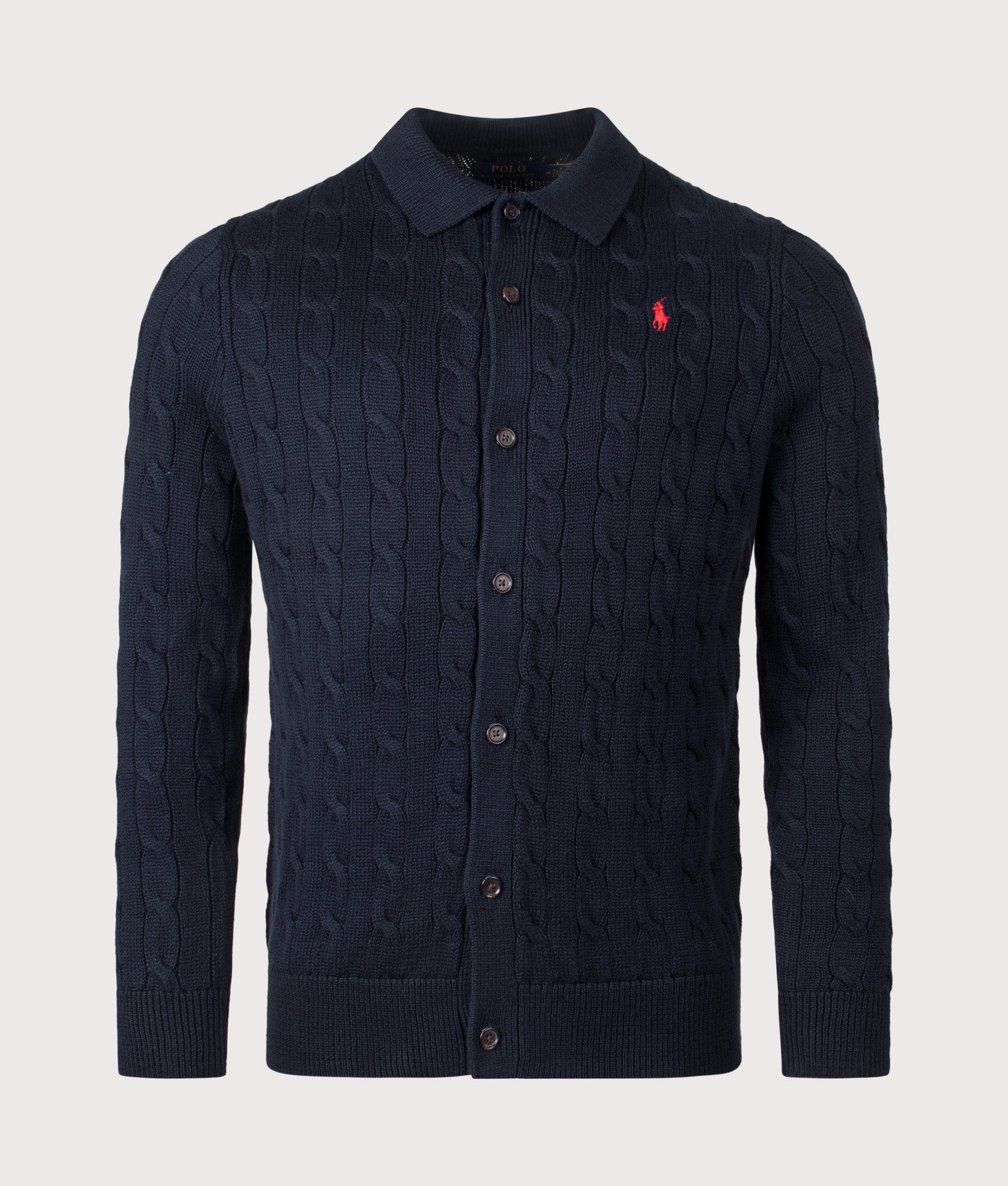 Polo Ralph Lauren Cable-Knit Cotton Cardigan in Hunter Navy at EQVVS Menswear. Front shot.