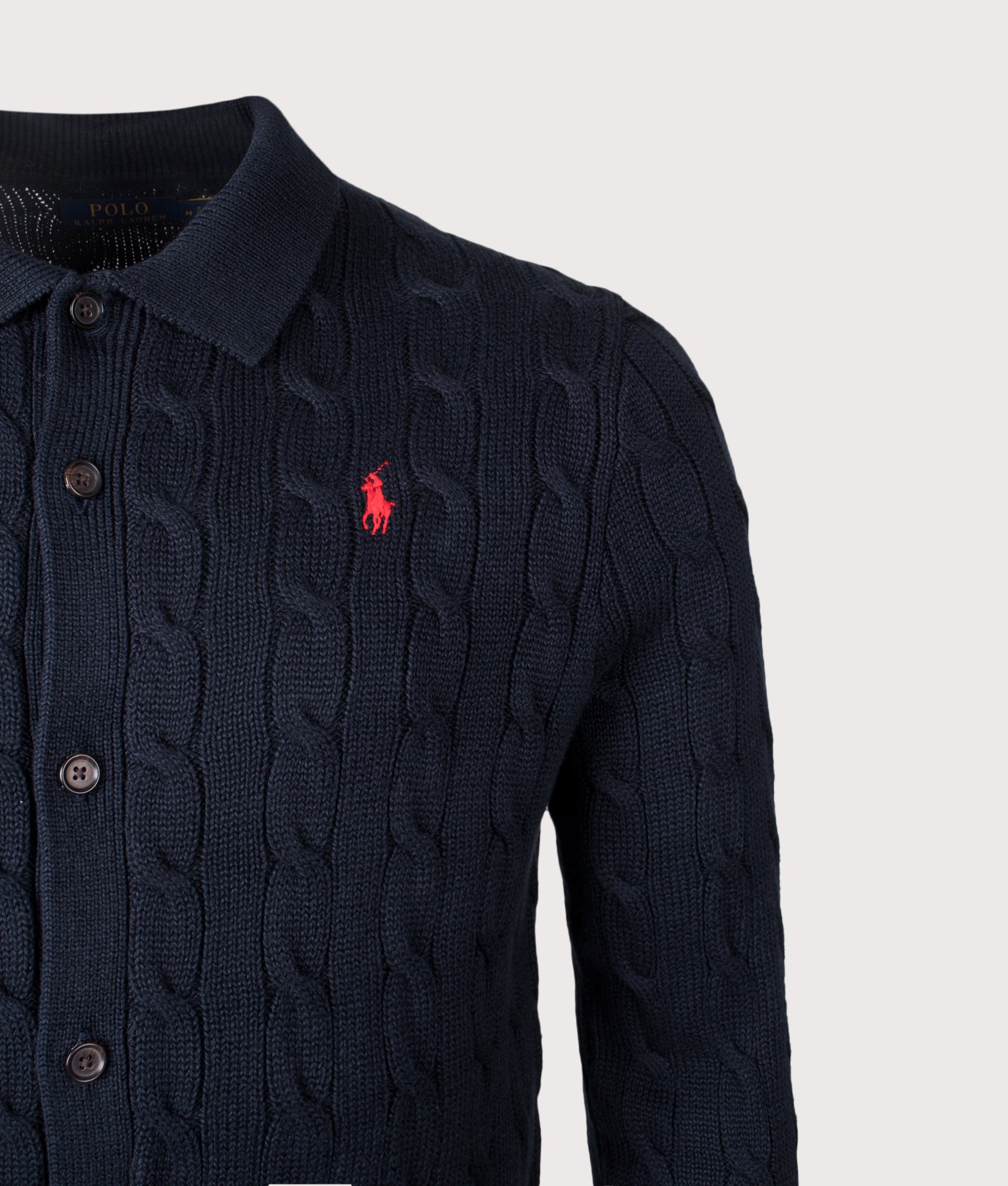 Polo Ralph Lauren Cable-Knit Cotton Cardigan in Hunter Navy at EQVVS Menswear. Detail shot.