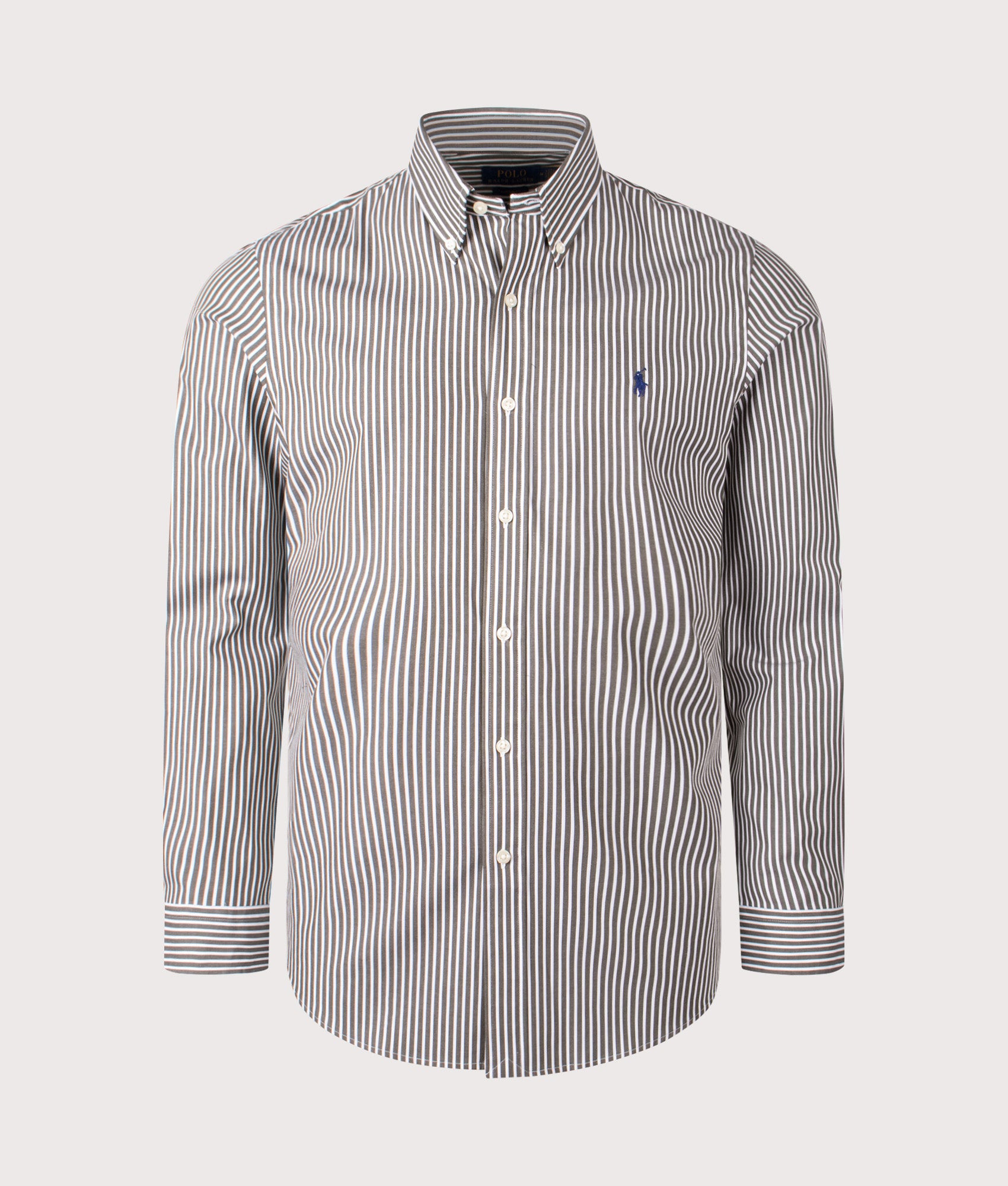 Polo Ralph Lauren Custom Fit Striped Stretch Poplin Shirt in Armadillo and White at EQVVS Menswear. Front shot.