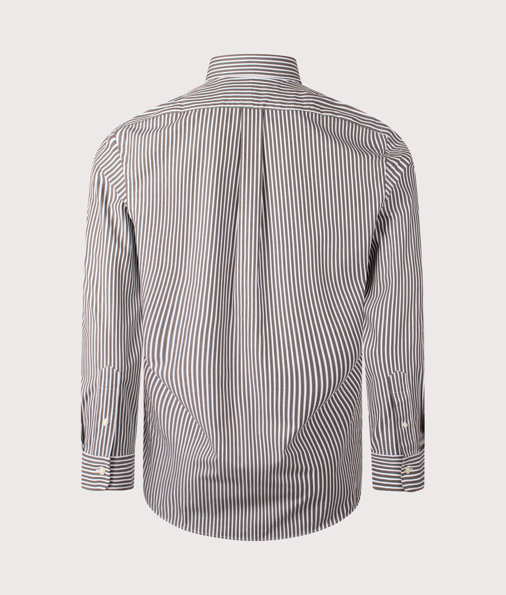 Polo Ralph Lauren Custom Fit Striped Stretch Poplin Shirt in Armadillo and White at EQVVS Menswear. Back shot.