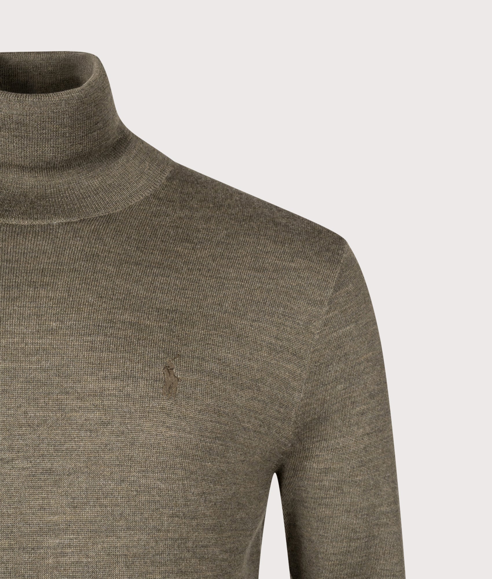 Wool Turtleneck Sweatshirt in Cargo Olive Heather | 100% Wool | Polo Ralph Lauren | Shot at EQVVS |  Front detail shot 