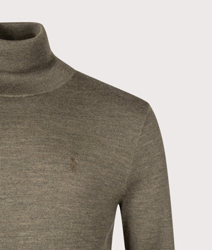 Wool Turtleneck Sweatshirt in Cargo Olive Heather | 100% Wool | Polo Ralph Lauren | Shot at EQVVS |  Front detail shot 