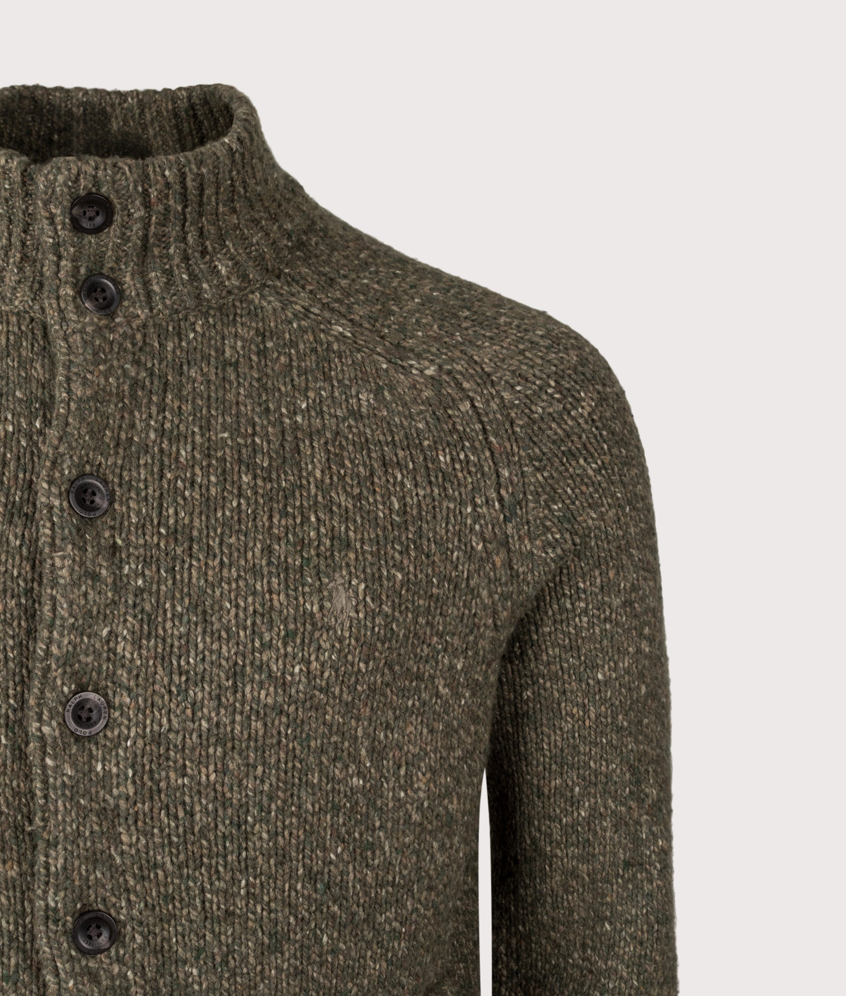 Wool-Blend Mockneck Cardigan in Olive Marl | Polo Ralph Lauren | EQVVS | Front detail shot 