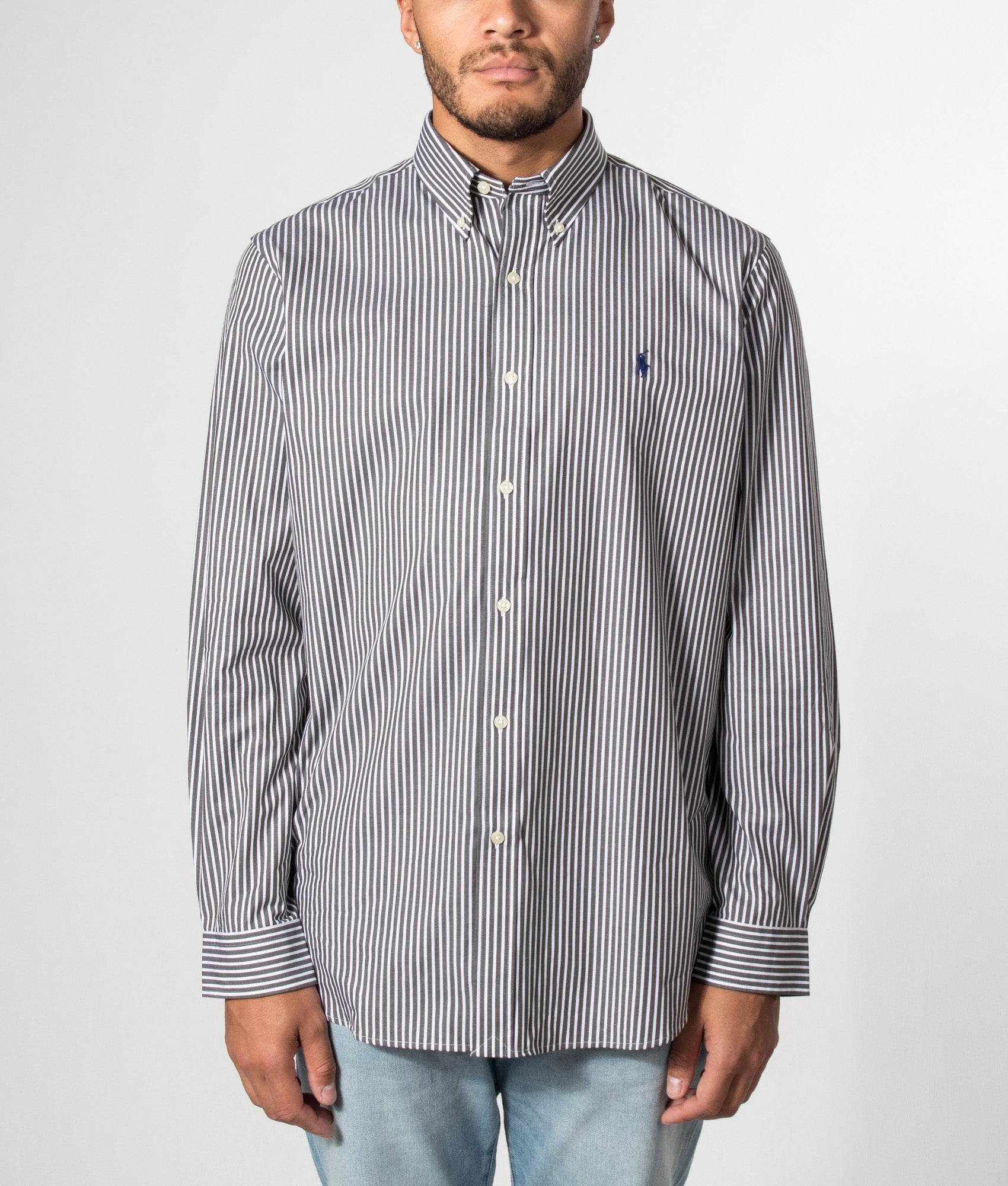 Polo Ralph Lauren Custom Fit Striped Stretch Poplin Shirt in Armadillo and White at EQVVS Menswear. Model front shot.