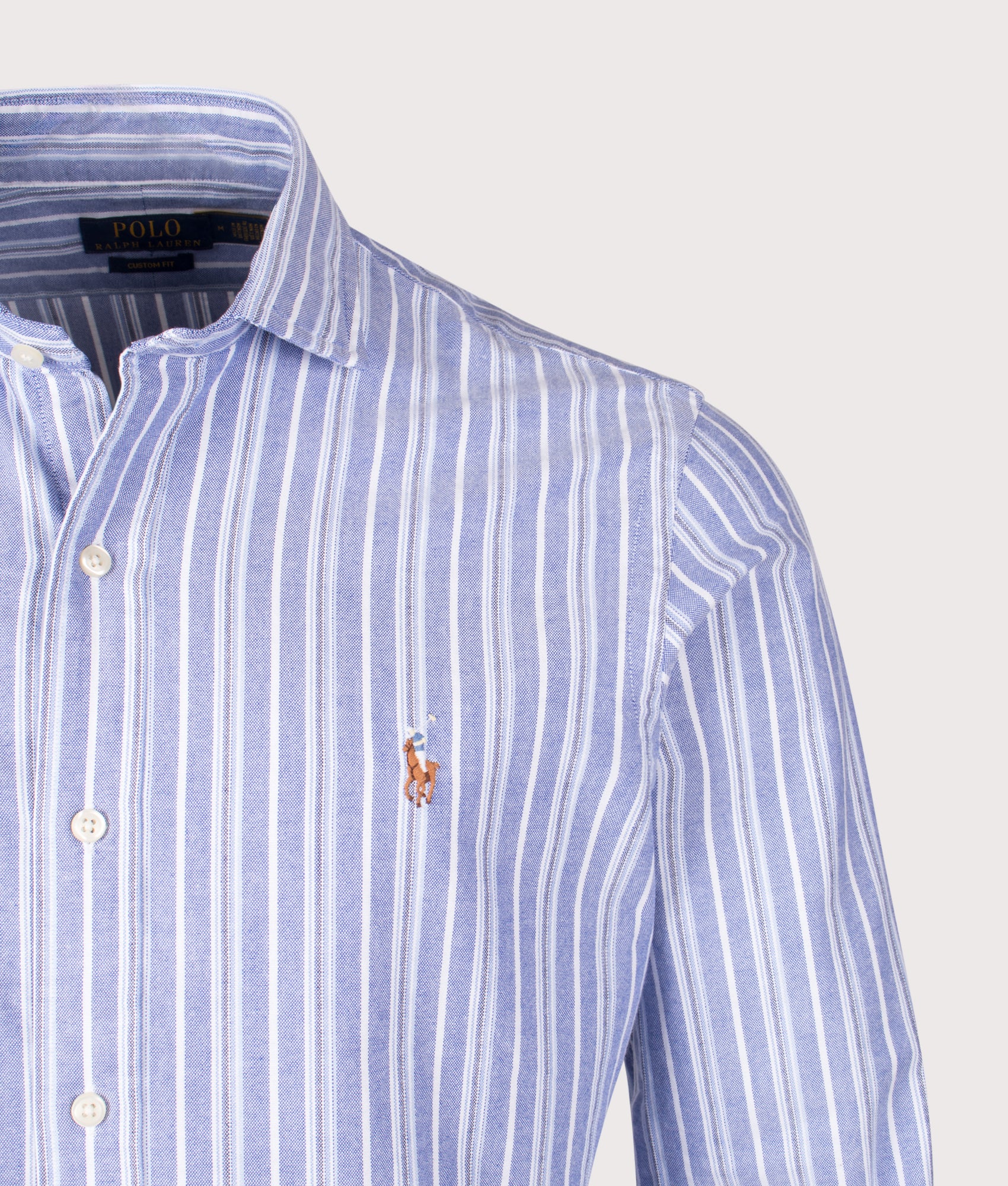Custom Slim Fit Striped Oxford Shirt in Blue Multi | Polo Ralph Lauren | EQVVS | Front detail shot 