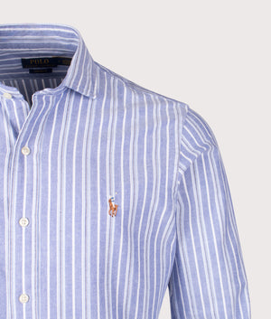 Custom Slim Fit Striped Oxford Shirt in Blue Multi | Polo Ralph Lauren | EQVVS | Front detail shot 
