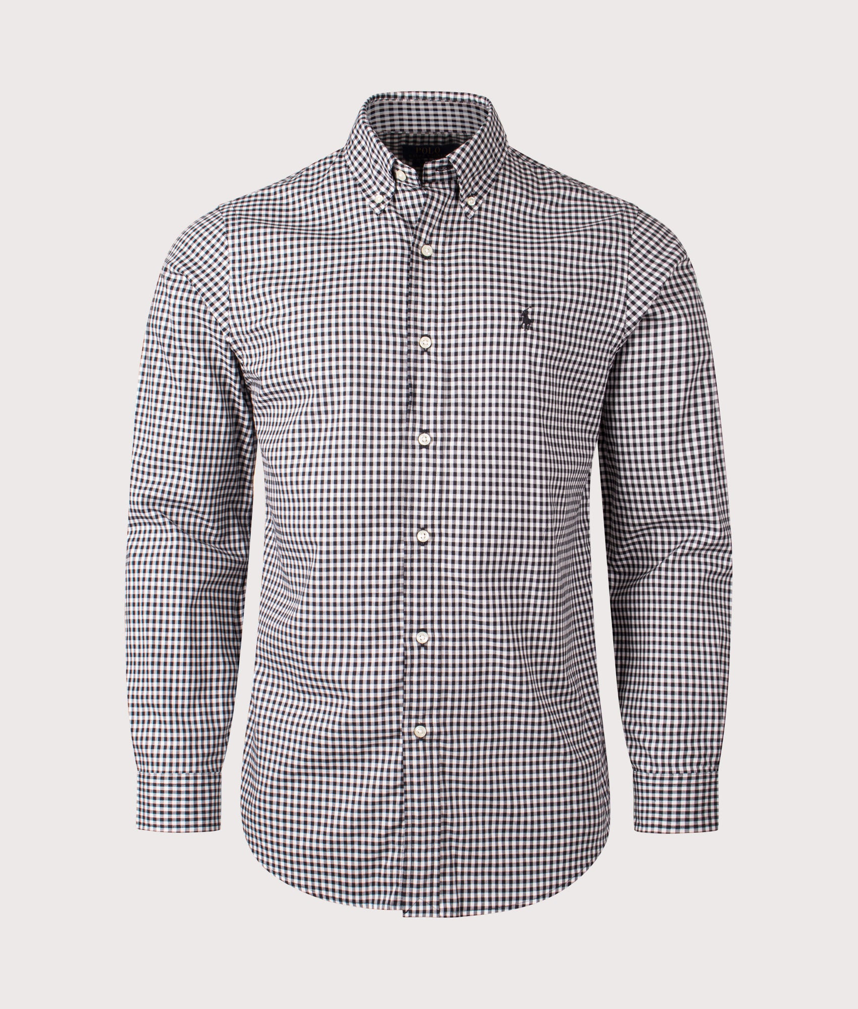 Polo Ralph Lauren Custom Fit Plaid Twill Shirt in Nero and Blanc at EQVVS Menswear. Front shot.