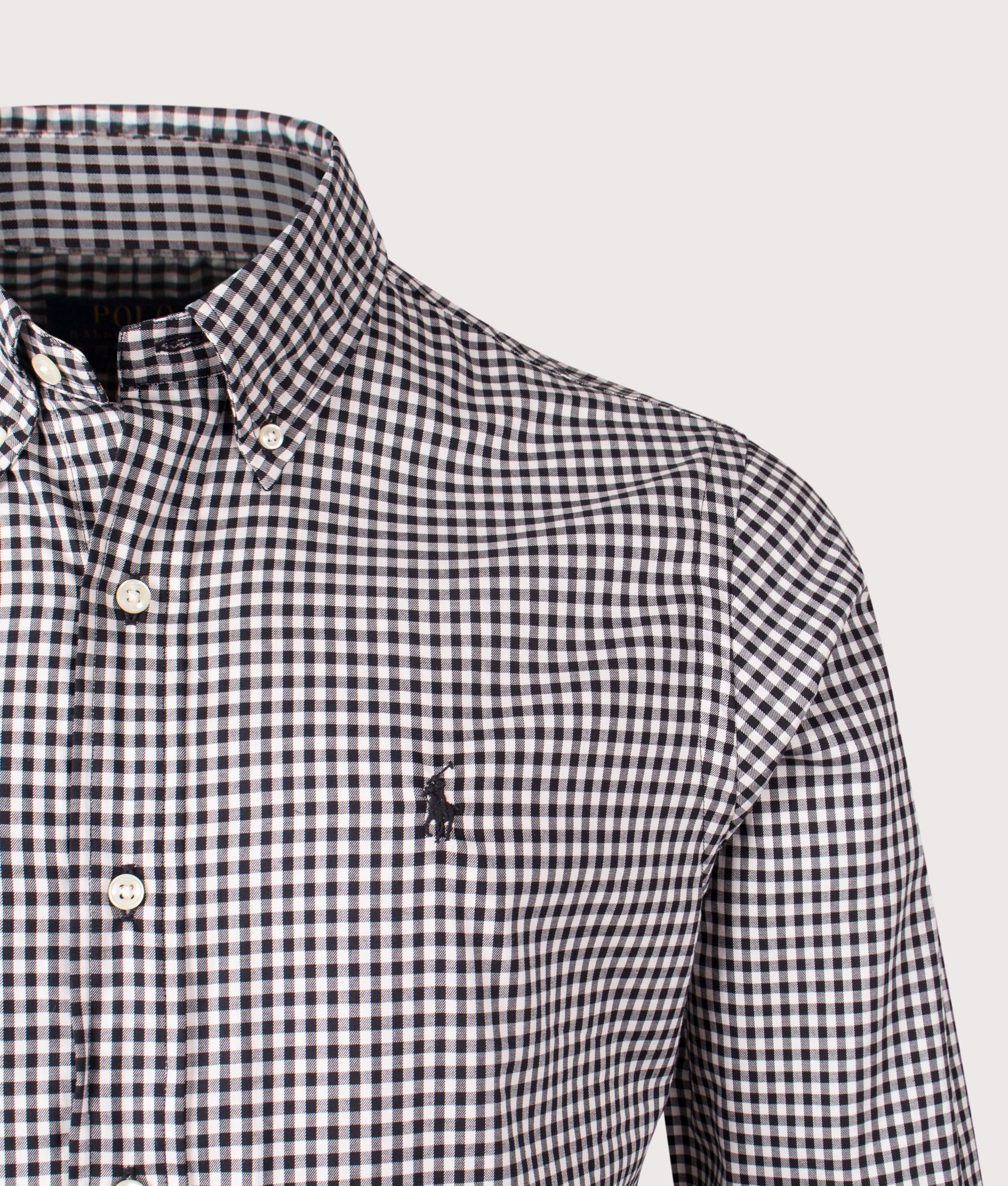 Polo Ralph Lauren Custom Fit Plaid Twill Shirt in Nero and Blanc at EQVVS Menswear. Detail shot.