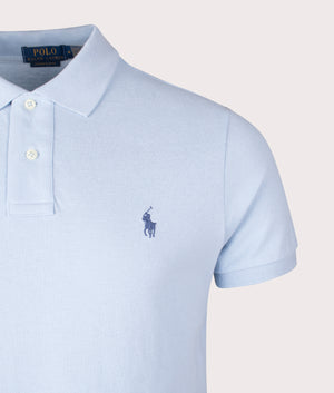 Polo Ralph Lauren Custom Slim Fit Mesh Polo Shirt in 452 Southport Blue at EQVVS Menswear. Detail shot. 