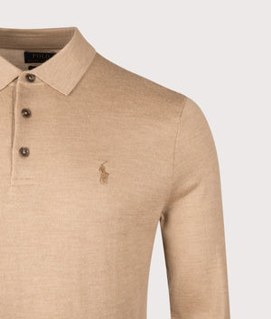 Knitted Polo Shirt in Camel Melange. | 100% Cotton | Polo Ralph Lauren | Shot at EQVVS | Front detail shot 