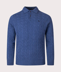 Cable Knit Cashmere Polo Neck Jumper: 003 Rustic Navy Heather 