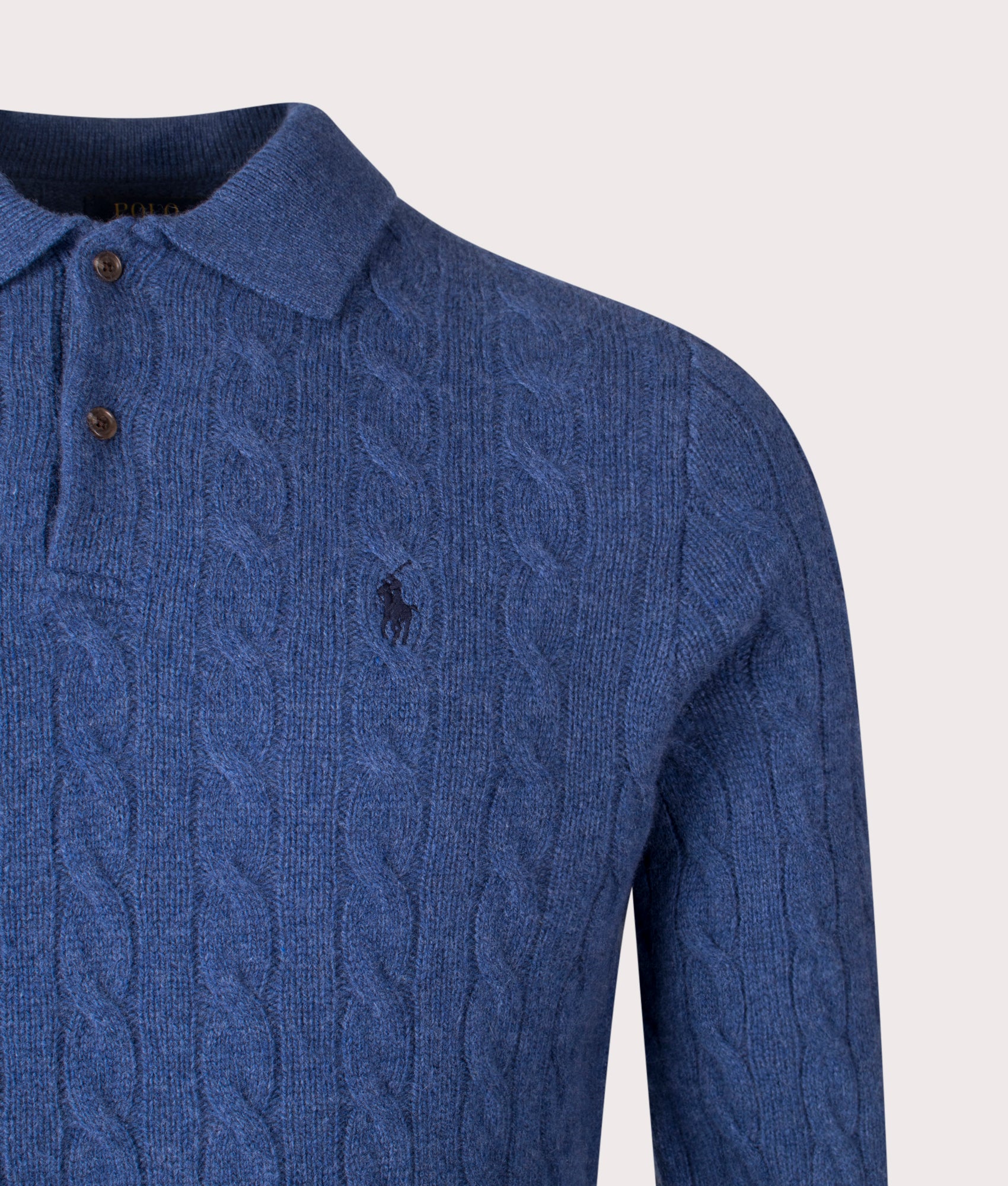 Cashmere Blend Cable Knit Sweatshirt in Rustic Navy Heather | Polo Ralph Lauren | EQVVS | Front detail shot 