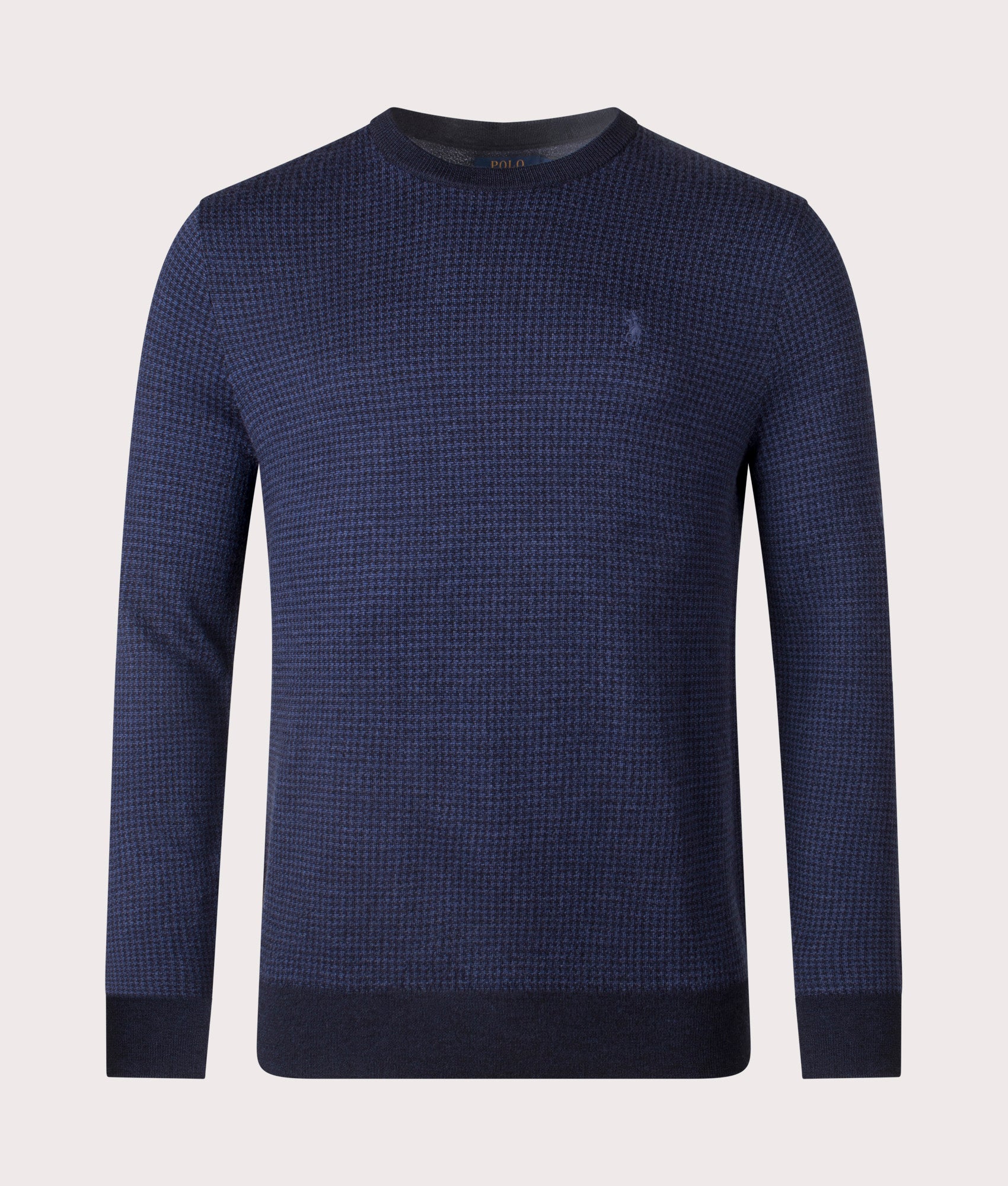 Houndstooth Wool Sweatshir in Navy Combo. 100% Wool | Polo Ralph Lauren | Shot at EQVVS | Front shot