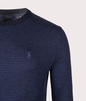 Houndstooth Wool Sweatshir in Navy Combo. 100% Wool | Polo Ralph Lauren | Shot at EQVVS | Front detail shot 