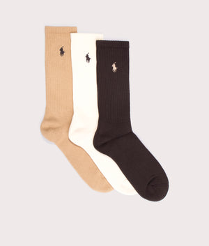 3 Pack of Cotton Blend Crew Socks in Camel/Ivory/Brown | Polo Ralph Lauren | EQVVS | Front shot 