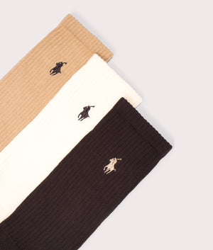 3 Pack of Cotton Blend Crew Socks in Camel/Ivory/Brown | Polo Ralph Lauren | EQVVS | Detail shot 