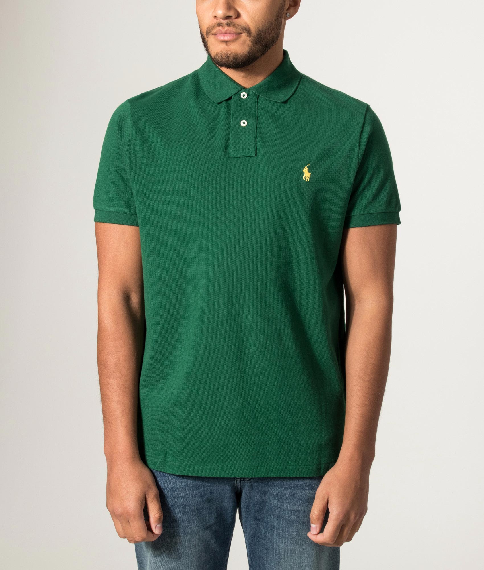 Polo Ralph Lauren Custom Slim Fit Mesh Polo Shirt in New Forest at EQVVS Menswear. Model front shot.