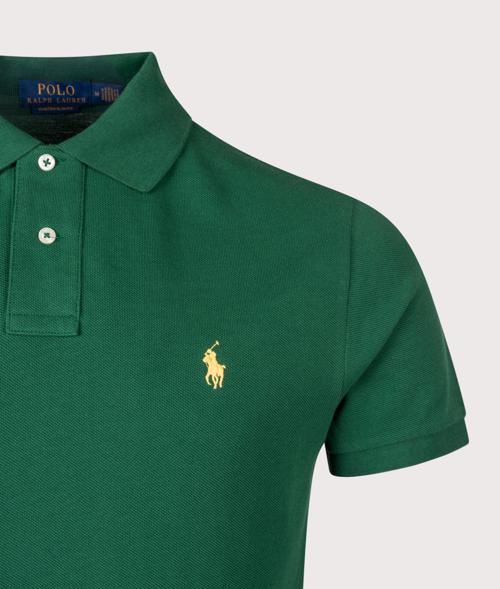 Polo Ralph Lauren Custom Slim Fit Mesh Polo Shirt in New Forest at EQVVS Menswear. Detail shot.
