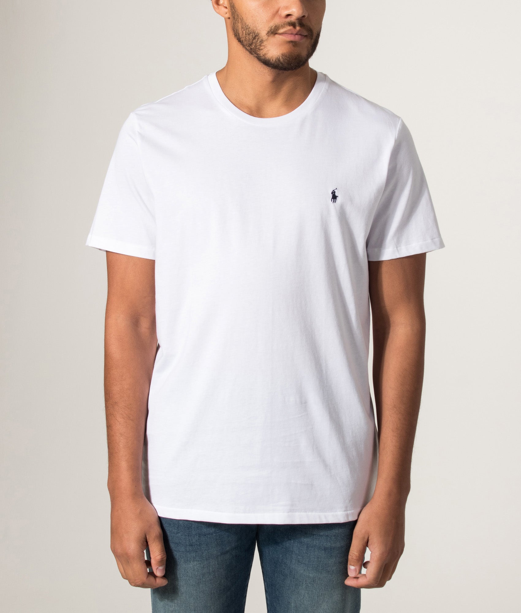 Polo Ralph Lauren Lightweight T-Shirt in white with a navy Polo Pony at EQVVS Menswear. Model front shot.