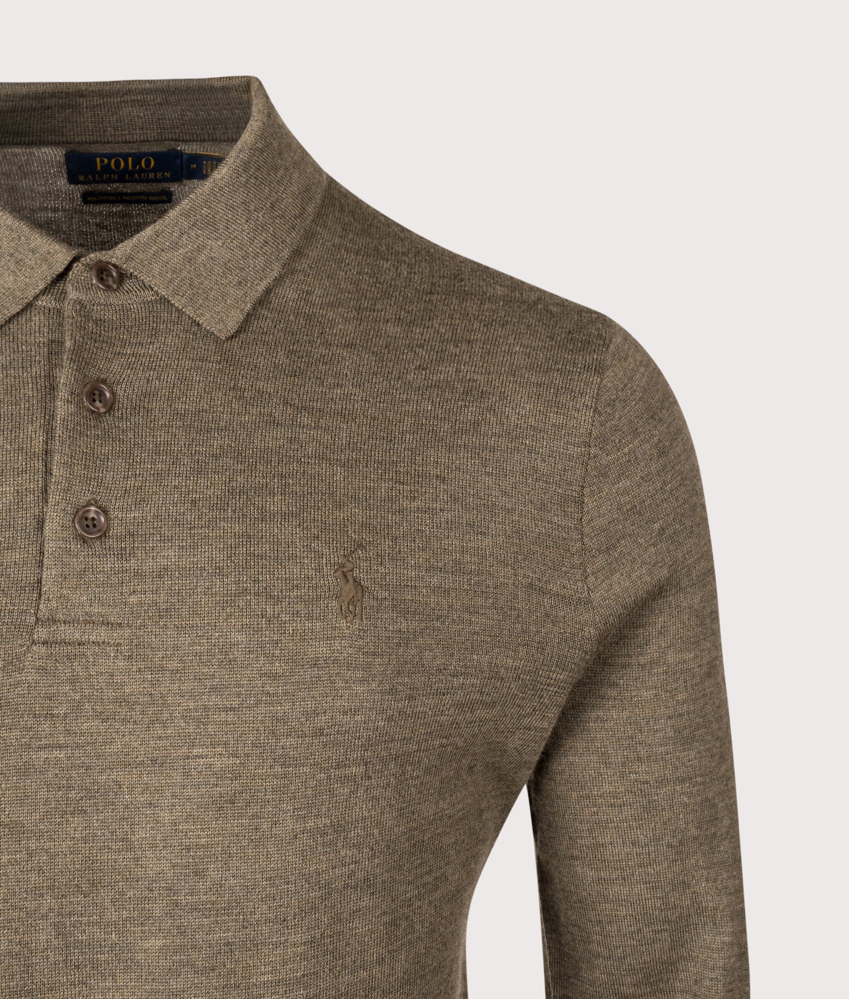 Knitted Polo Shirt in Cargo Olive Heather. | 100% Cotton | Polo Ralph Lauren | Shot at EQVVS | Front detail shot 