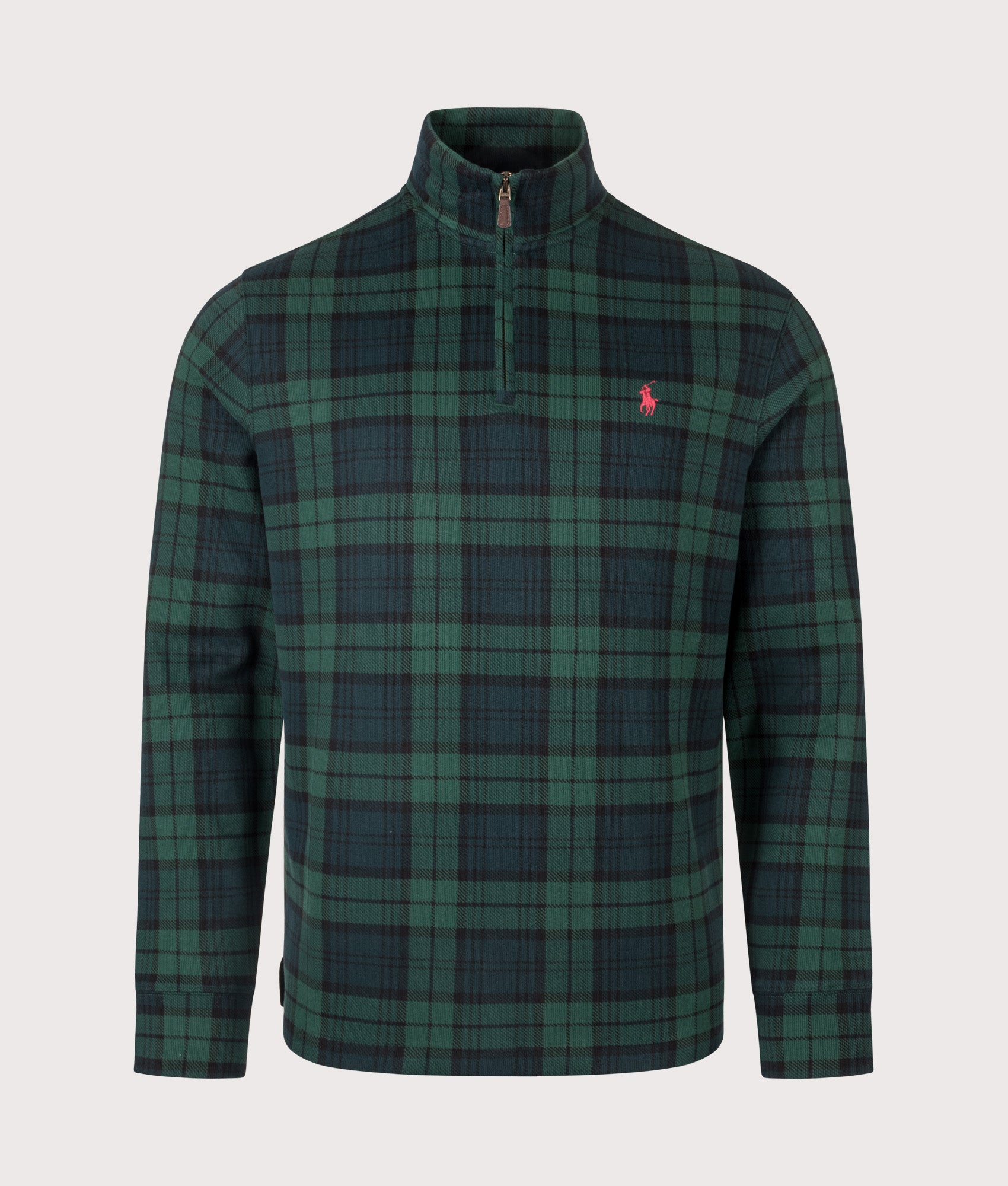Polo Ralph Lauren Plaid Estate-Rib Quarter-Zip Jumper in Blackwatch Plaid at EQVVS Menswear. Front shot.