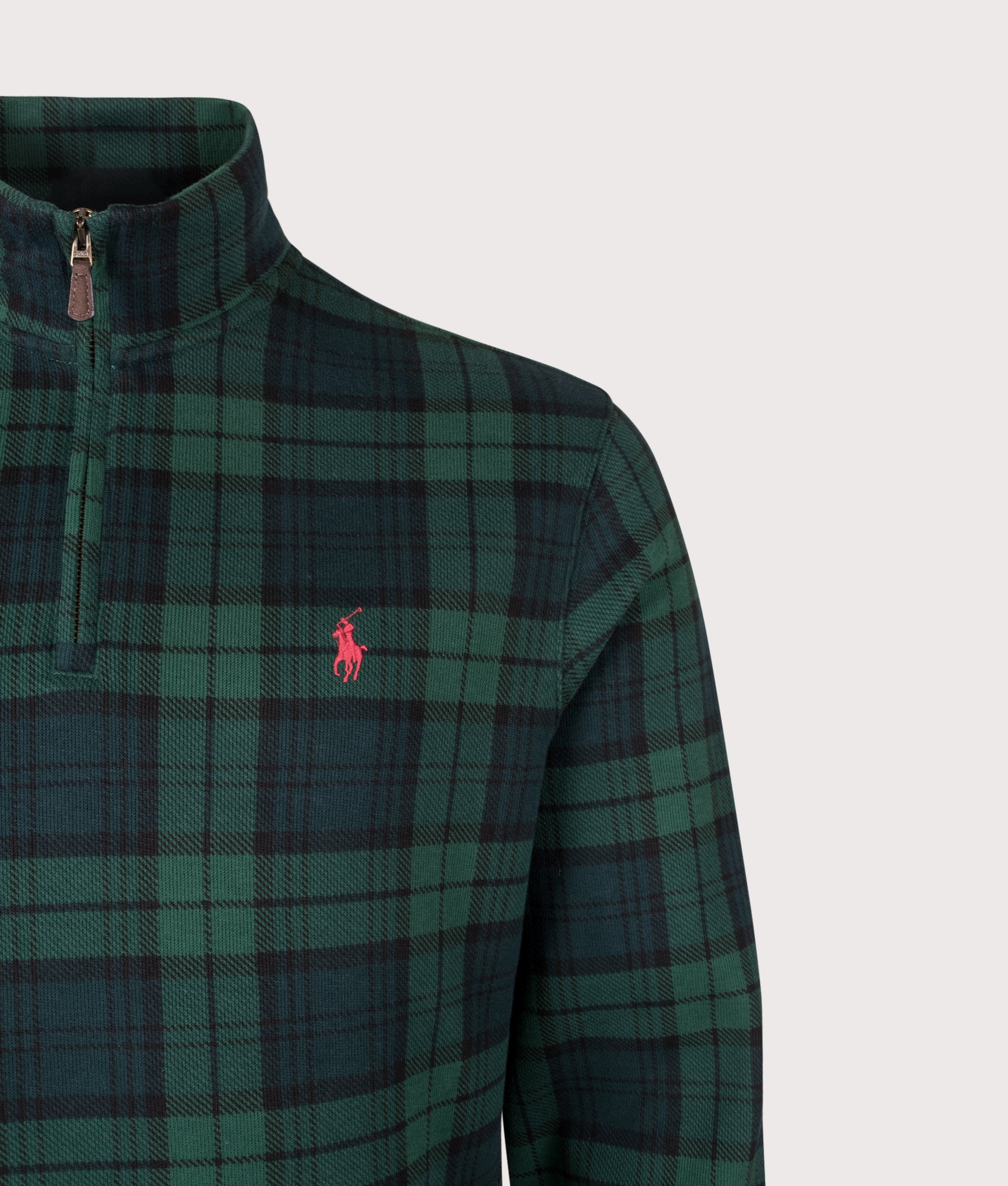Polo Ralph Lauren Plaid Estate-Rib Quarter-Zip Jumper in Blackwatch Plaid at EQVVS Menswear. Detail shot.