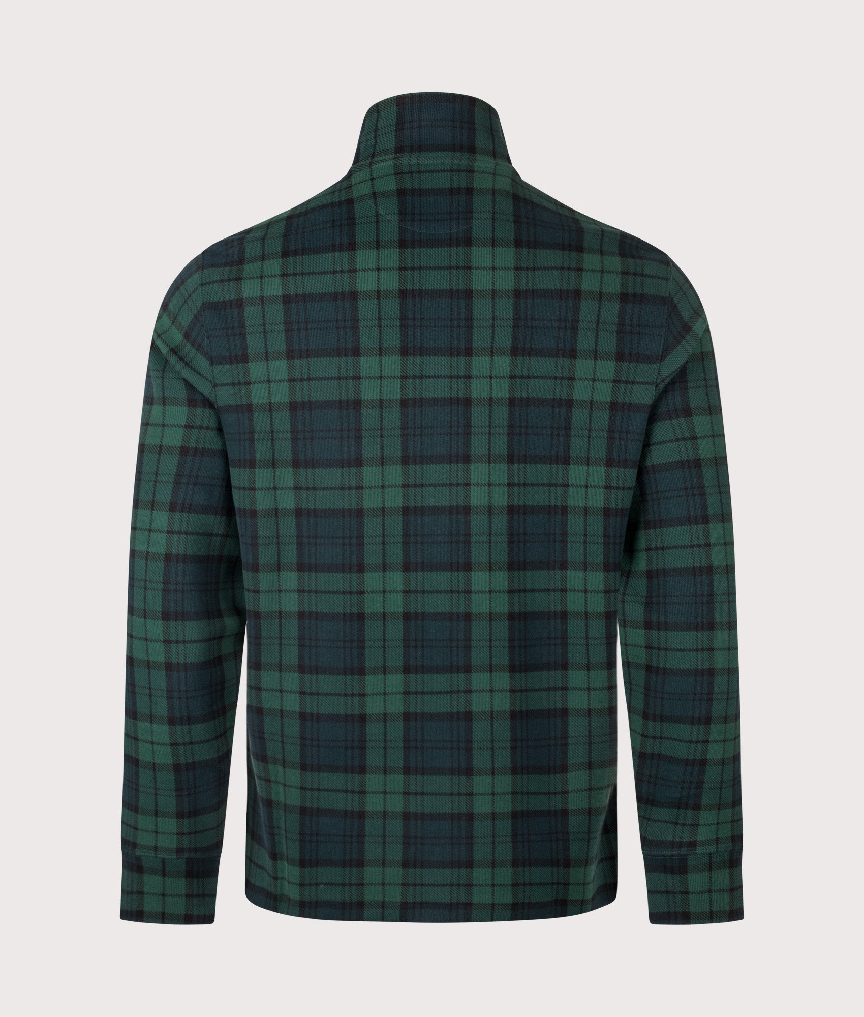 Polo Ralph Lauren Plaid Estate-Rib Quarter-Zip Jumper in Blackwatch Plaid at EQVVS Menswear. Back shot.
