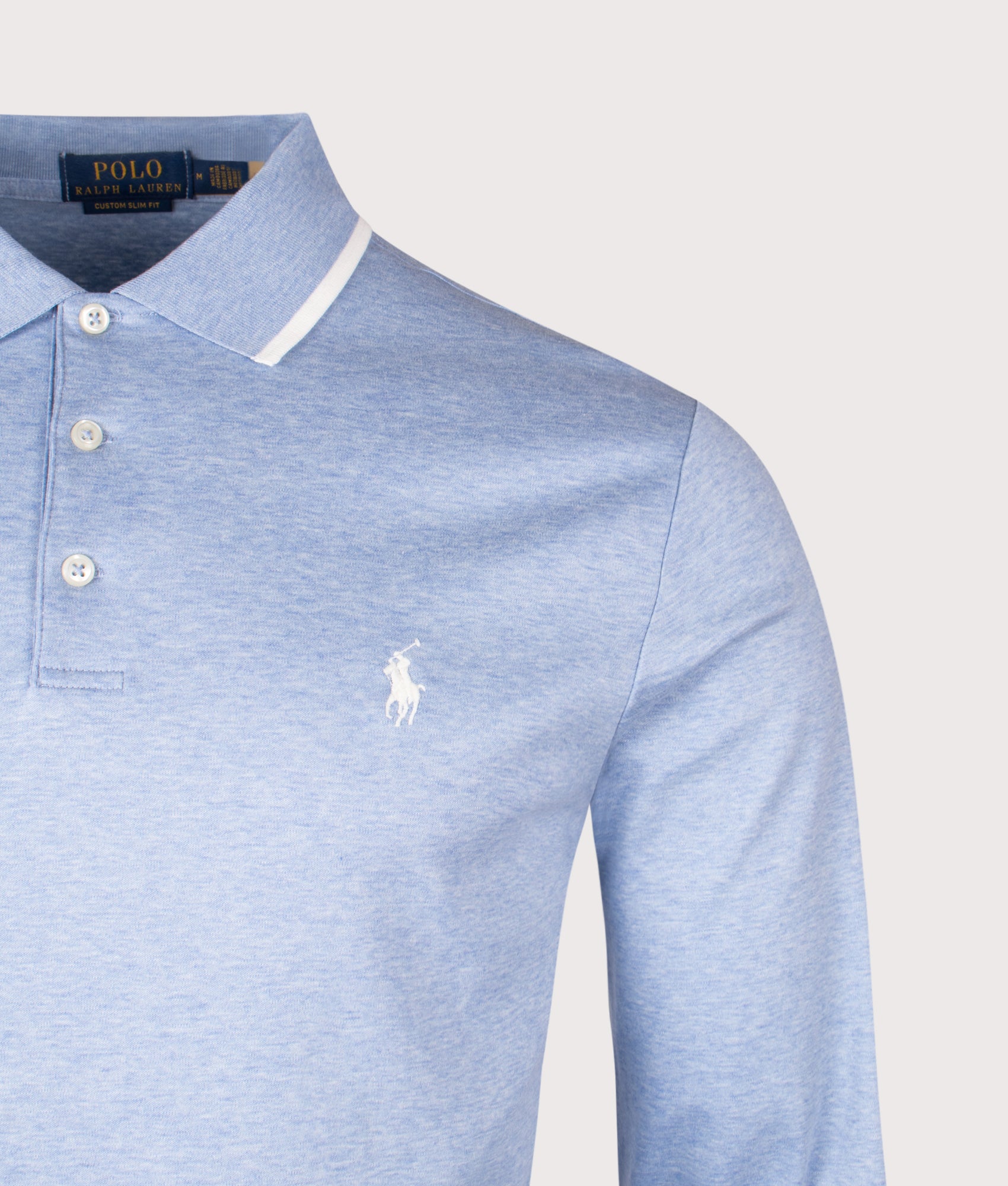 Custom Slim Fit Long Sleeve Polo Shirt. Shot by EQVVS. Detail shot.