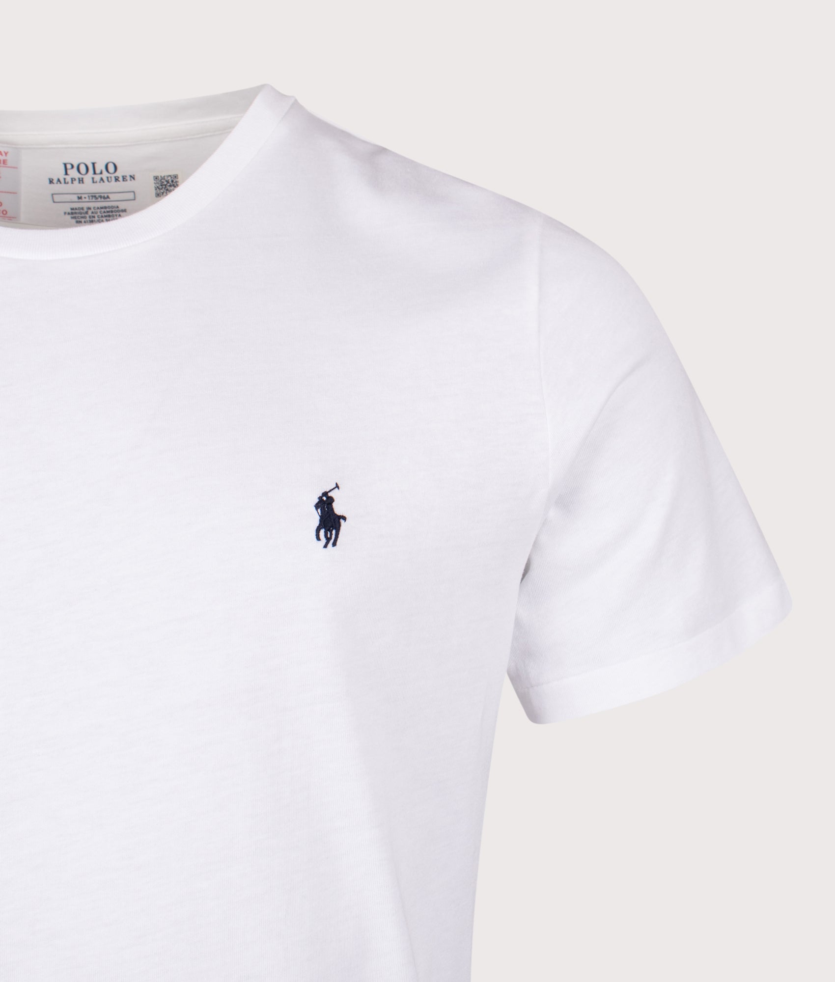 Polo Ralph Lauren Lightweight T-Shirt in white with a navy Polo Pony at EQVVS Menswear. Detail shot.