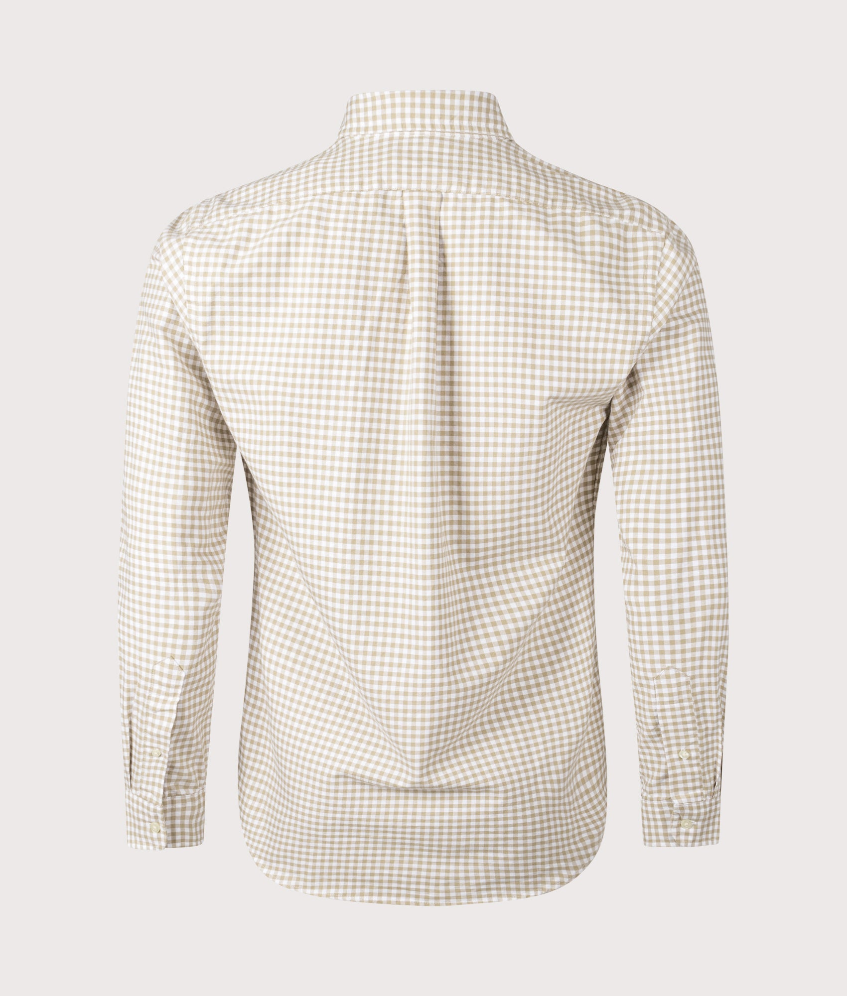 Polo Ralph Lauren Custom Fit Gingham Oxford Shirt in Coastal Beige and White at EQVVS Menswear. Back shot.